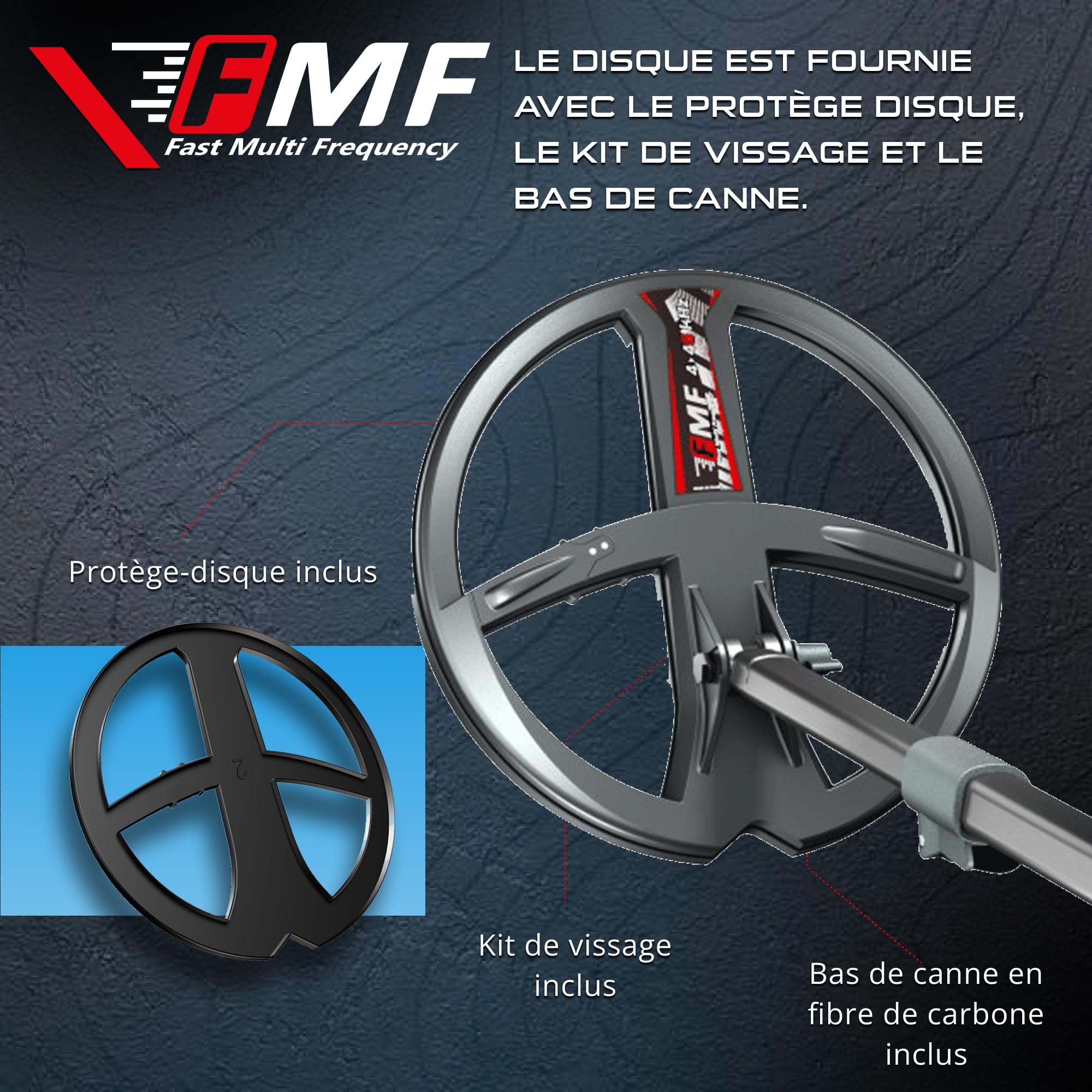 XP Metal Detectors Disque FMF 28cm avec protège Disque & Bas de Canne pour détecteur de métaux Deus II - Disque à Technologie multifréquences simultanées de 4 à 45kHz! (D28FMF)