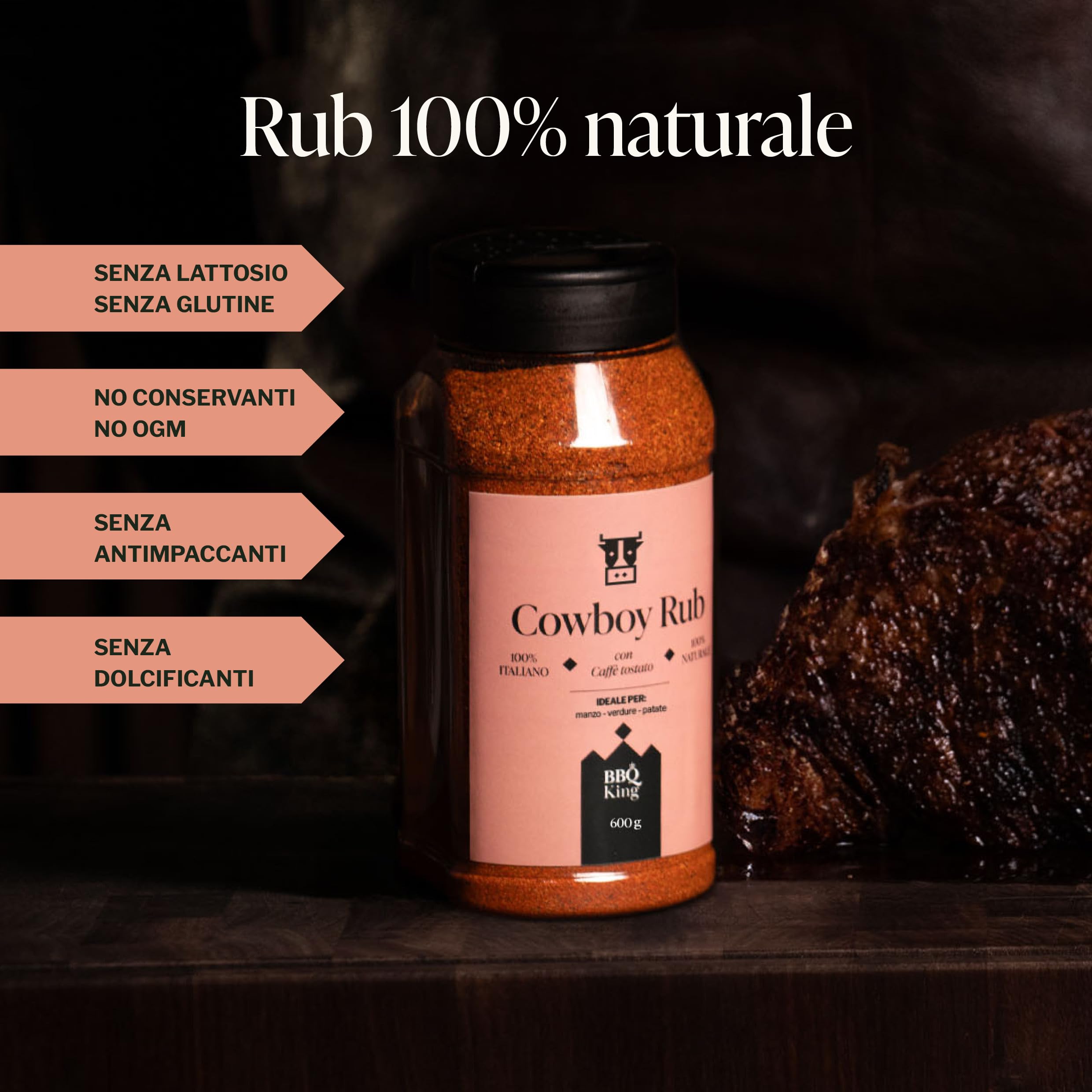 BBQ KING - Cow Boy Rub Confezione da 600 Gr, Dry Rub Bbq per Bistecche Ideale per Barbecue e Grill, Set Spezie Cucina 100% Made in Italy, Miscela di Spezie per Bistecche, Hamburger o Arrosti