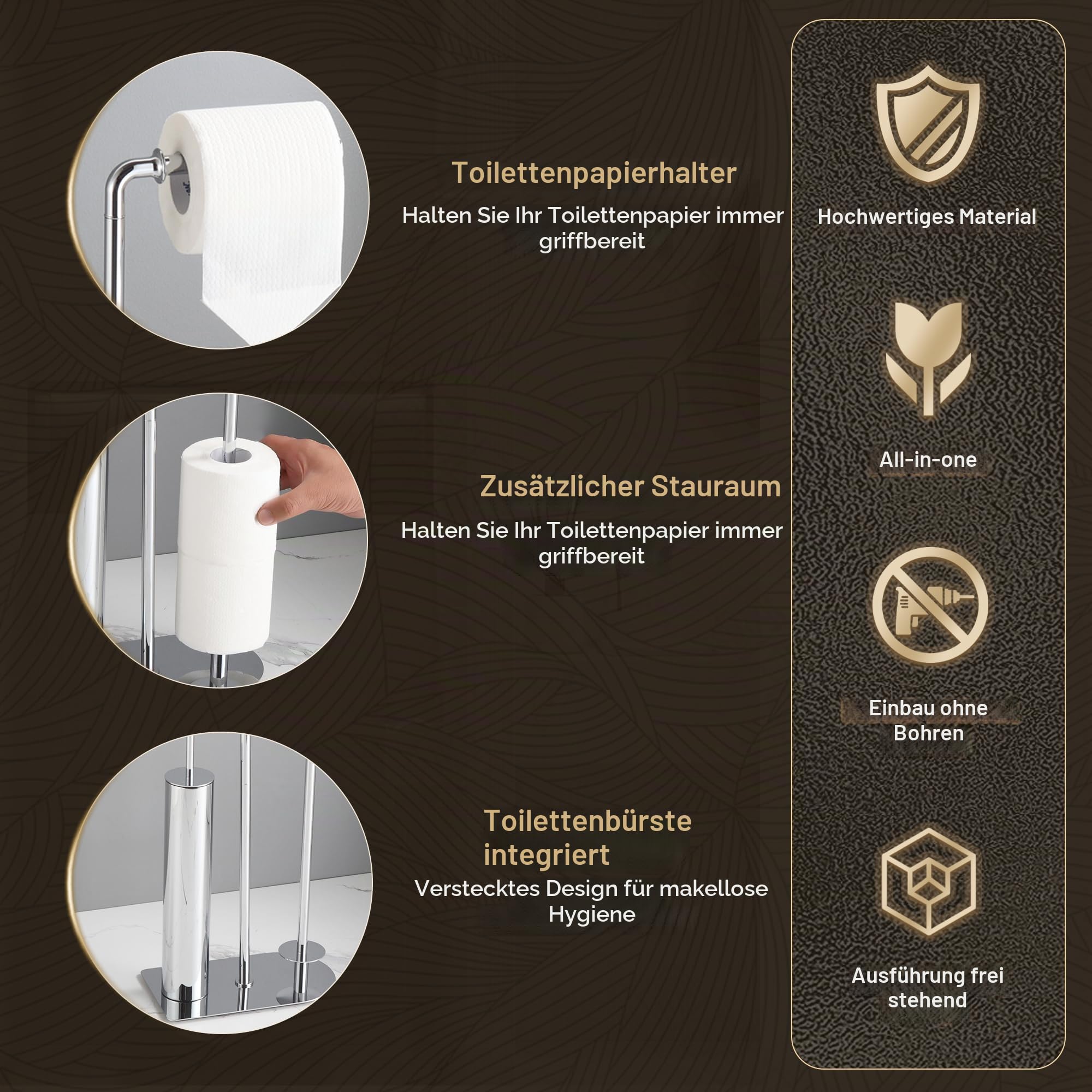 Toilettenpapierhalter mit WC Bürste und Aufbewahrung, freistehender klopapierhalter für Badezimmer und Gästetoiletten, schwarzer Wc garnitur aus Edelstahl rostfrei und ohne Bohren (Chrom)
