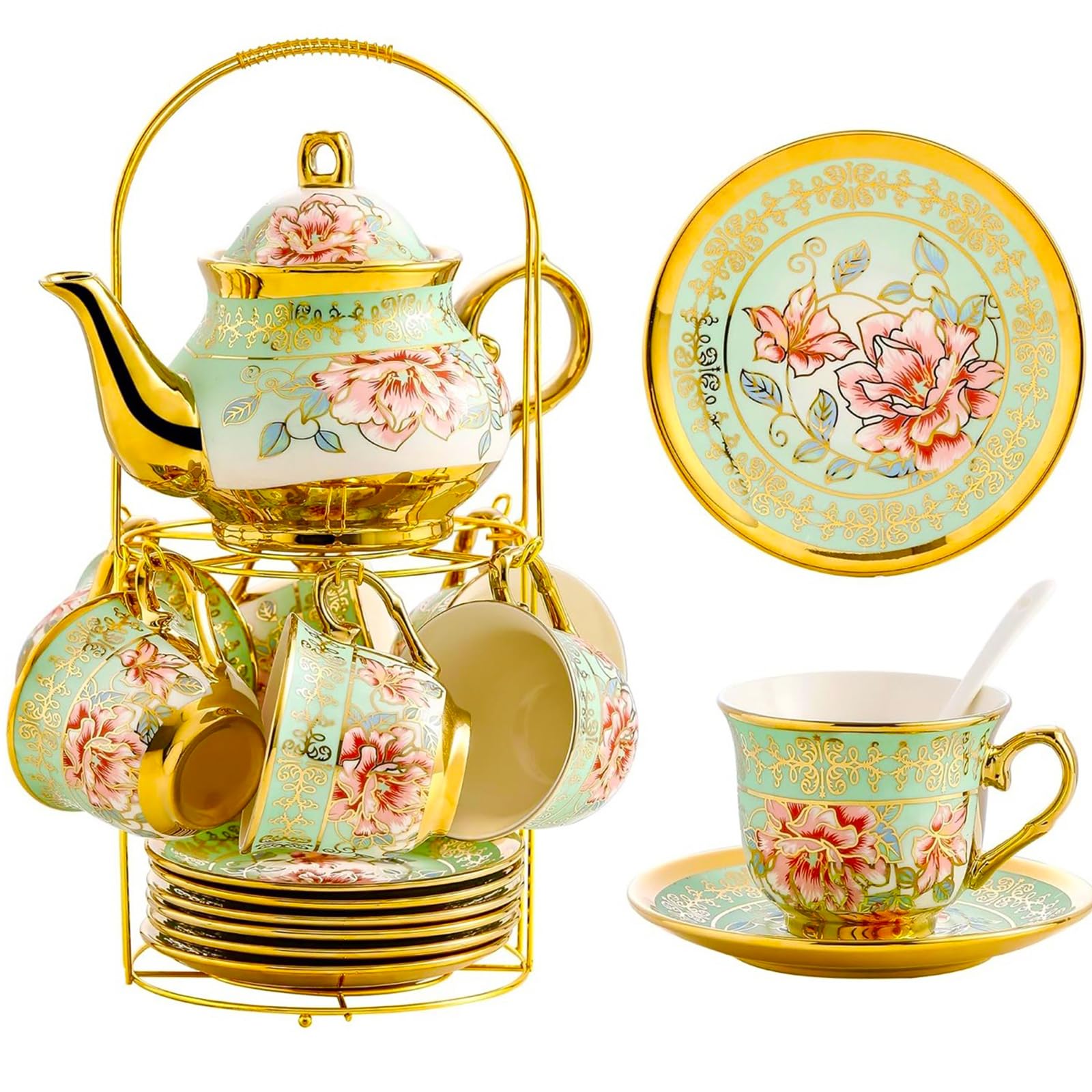 Photo 1 of 20 Pieces Porcelain Tea Set With Metal Holder, European Ceramic tea set for adults,Flower Tea Set,Tea Set For Women With Flower Painting?Light Green?