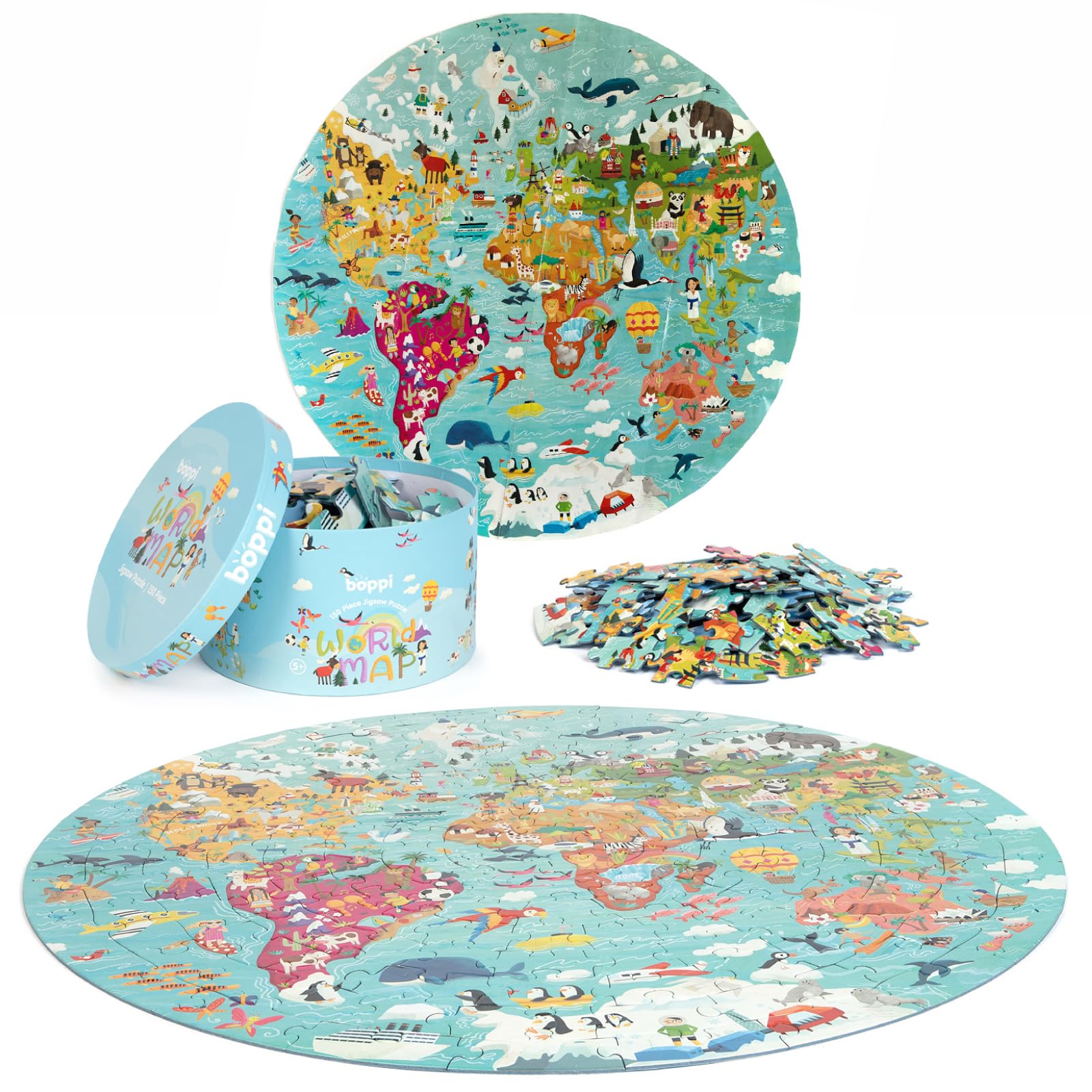 boppi puzle para niños Circular del mapamundi Hecho de cartón 100% Reciclado de 150 Piezas con Animales, para niños de 3, 4, 5, 6, 7 y 8 años, 58 cm de diámetro