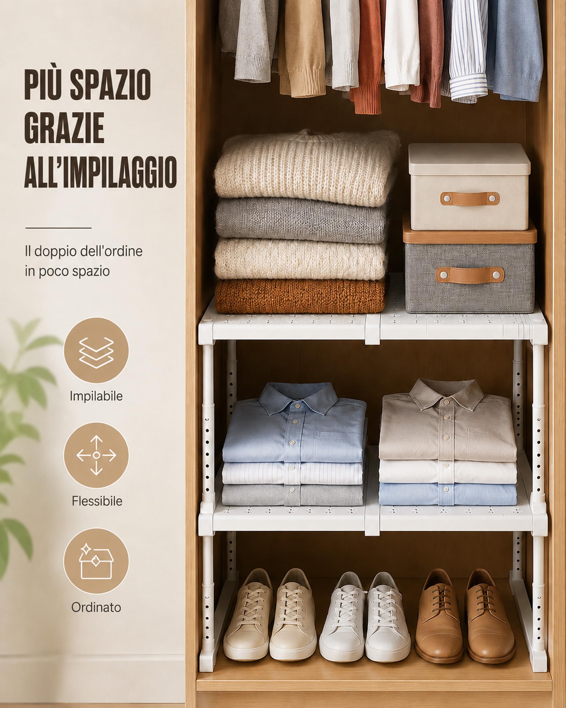 Armadio espandibile, impilabile, scaffale portaoggetti regolabile in altezza, bianco, organizer regolabile, lunghezza 47-68 cm, robusto scaffale per cucina, bagno, dispensa