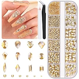 2060Pcs Champagne Gold Glass Nail Rhinestones 60Pcs Multi Shapes Flatback Nail Gems + 2000Pcs 1.5-4mm Round Crystal, Manicure Nail Charms Diamond Gemstone for Acrylic Nails Decoration