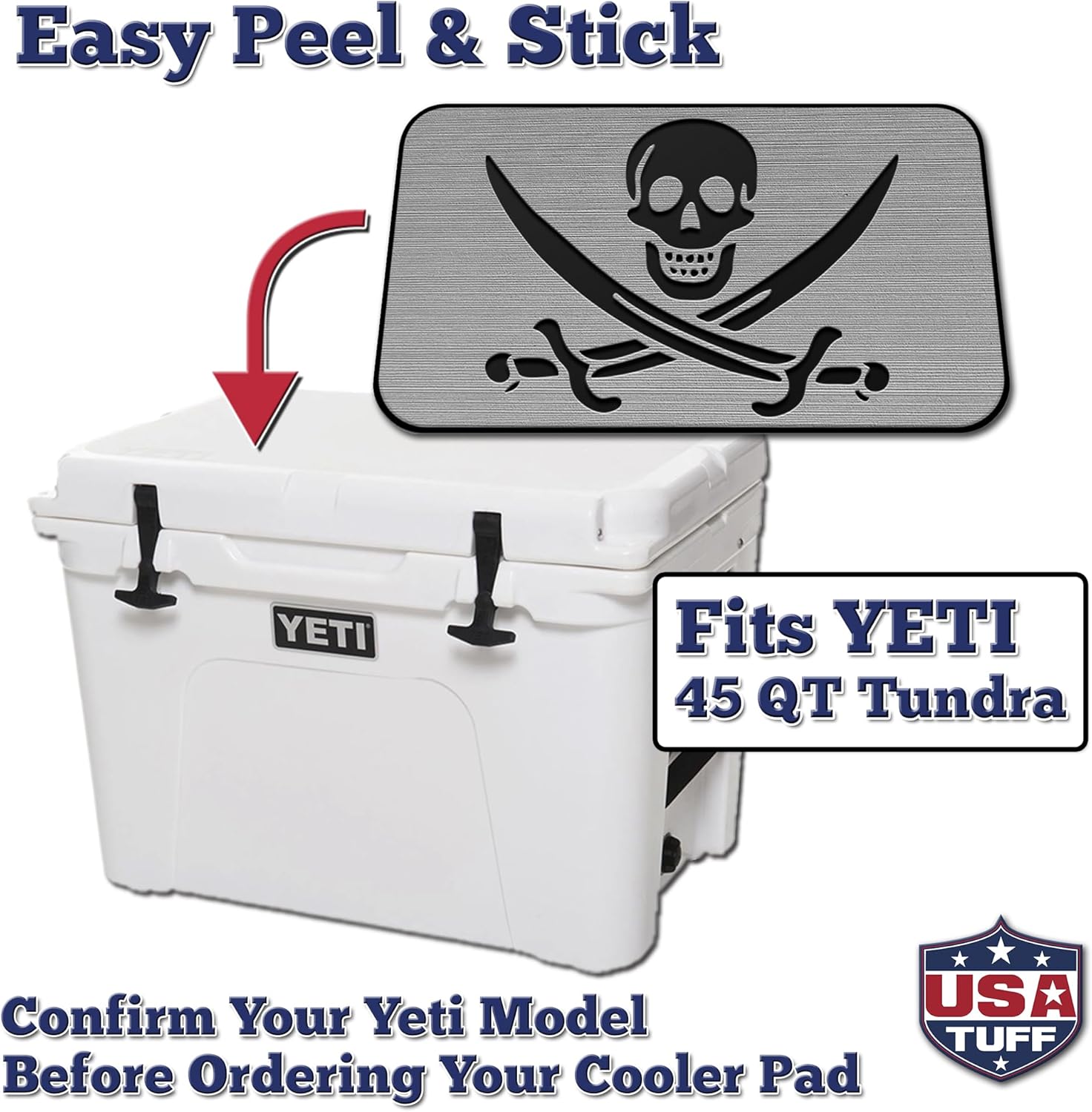 USATuff SeaDek EVA Mat Cooler Pad fits YETI | Peel & Stick Application | Non Slip Comfort Accessories - Pirate Jolly Roger Design (StormGray-Black)