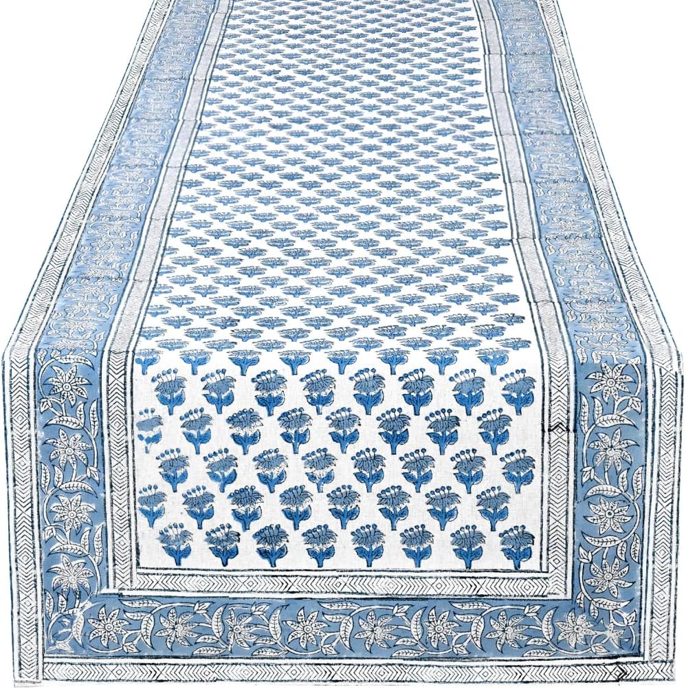 CPC Apatite Blue Block Print Cotton Table Runner 16x90 Inch Long Fall Table Runner for Everyday Dining, Festive, Wedding, Home Decor, Farmhouse, Outdoor Gift for Spring,Mother's Day