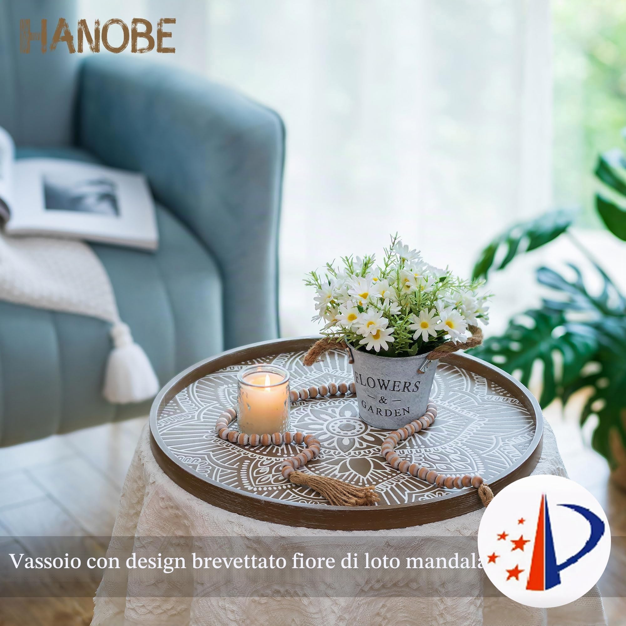 Hanobe Grande vassoio decorativo in legno: vassoio ottomano rustico in stile bohémien, decorazione per tavolino da caffè, centrotavola – vassoio rotondo in legno floreale per bancone della cucina,