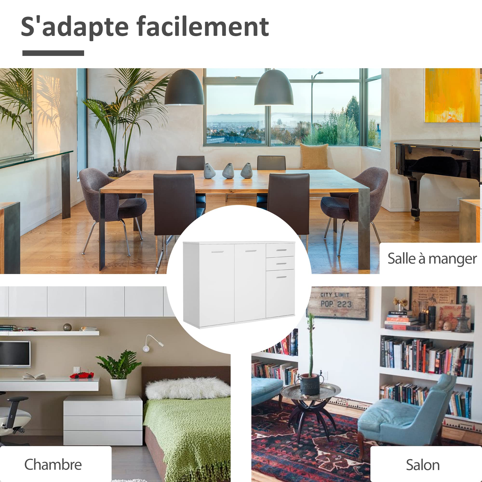 HOMCOM Buffet Salon Haut Brillance 106 x 35 x 76 cm Blanc | Meuble de Rangement, 2 Tiroirs, 3 Portes, Étagère Réglable, Style Contemporain, Buffet Salle à Manger et Cuisine