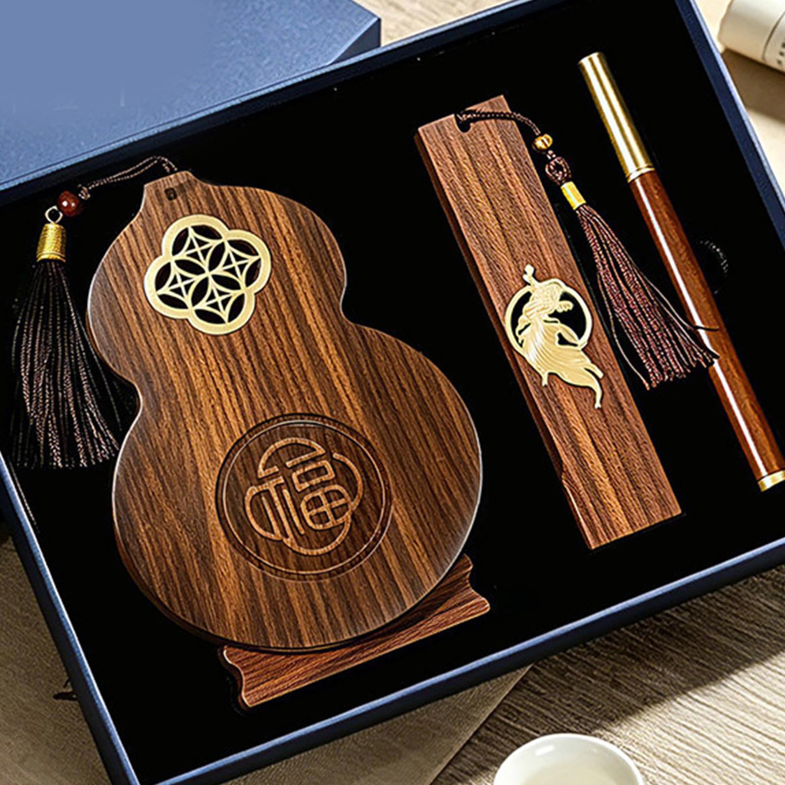 Set portapenne da scrivania in legno con segnalibro e penna, A | Organizer ispirazione cinese con aspetto legno per scrivanie da studio e da lavoro
