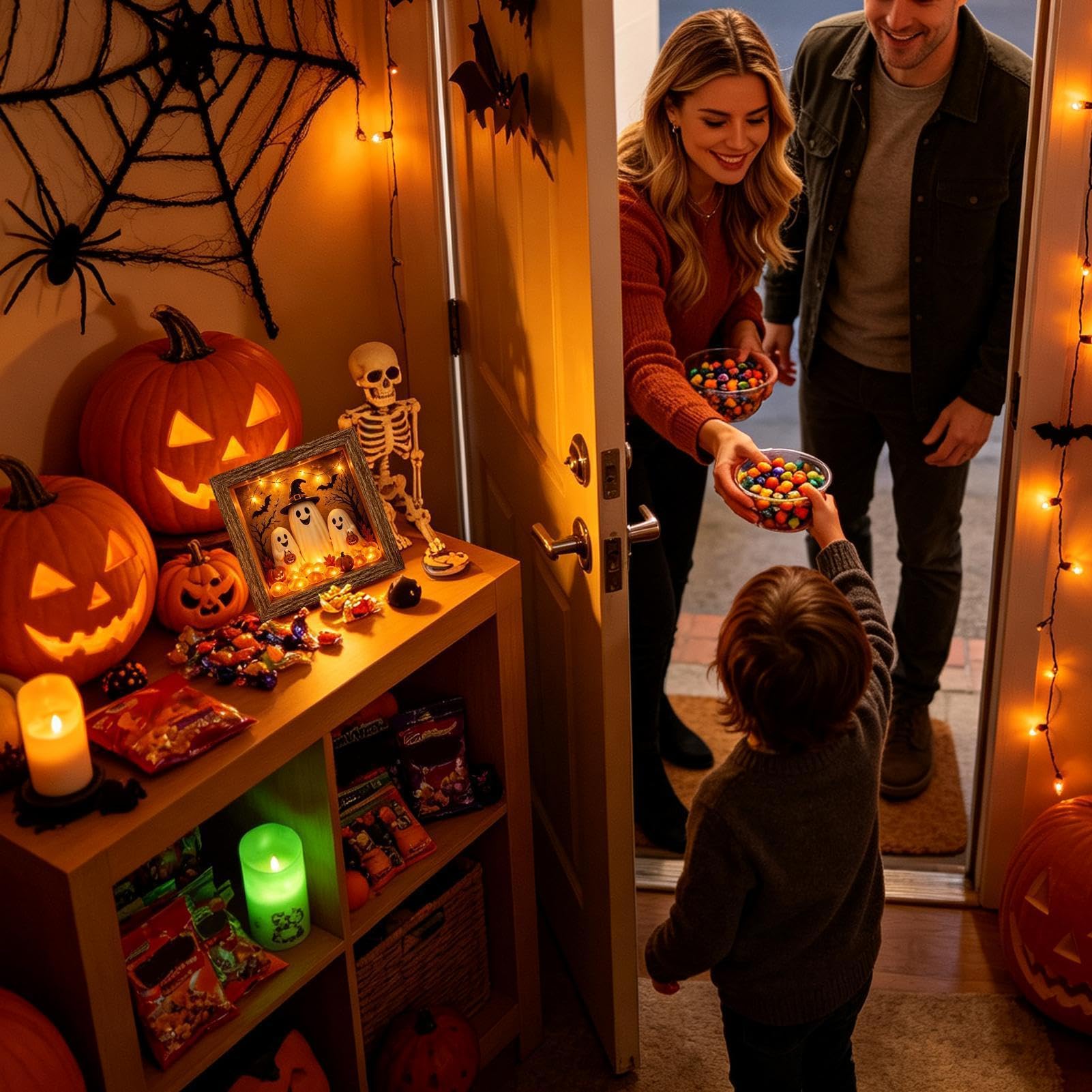 Scatola dei ricordi fai da te per Halloween, fatta a mano, decorazione rustica per Halloween | Cornice fantasma illuminata con pietra di vetro marino per interni: caminetto, scrivania, esposizione per feste