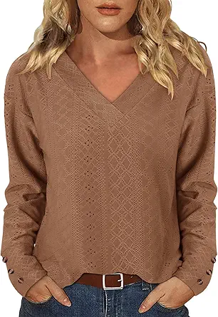 KISSMODA Long Sleeve Fall Shirts For Women V Neck Tunic Tops Embroidered Button Down Knitted Blouses 2025