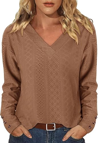 KISSMODA Long Sleeve Fall Shirts For Women V Neck Tunic Tops Embroidered Button Down Knitted Blouses 2025