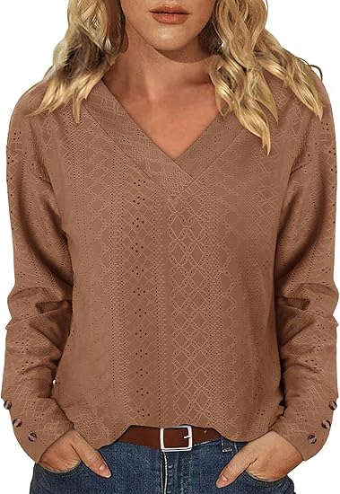 KISSMODA Long Sleeve Fall Shirts For Women V Neck Tunic Tops Embroidered Button Down Knitted Blouses 2025