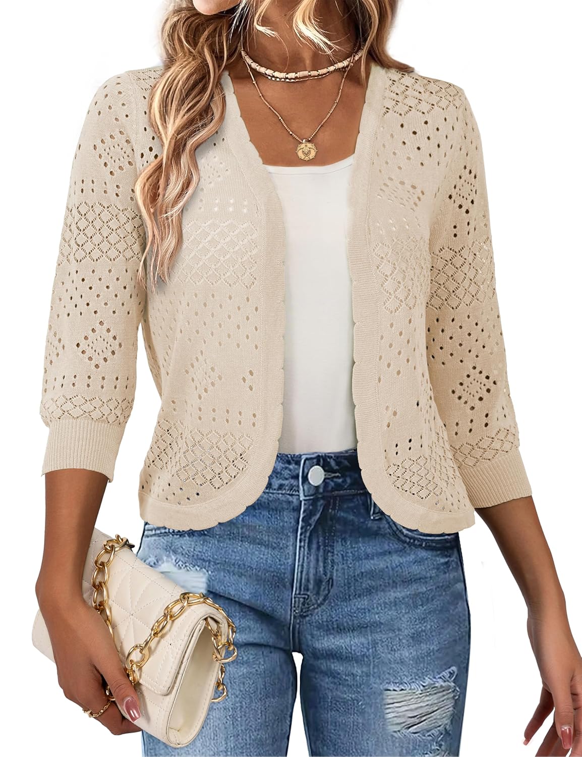REDHOTYPE Womens 3 4 Sleeve Cardigan Open Front Cropped Shrugs Summer Hollowed Lightweight Cardigans Sweater S-XL