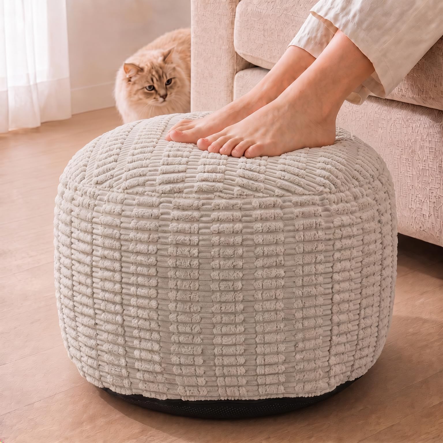 Round Pouf Ottoman, Light Gray, 24"x14", Shredded Foam Fill