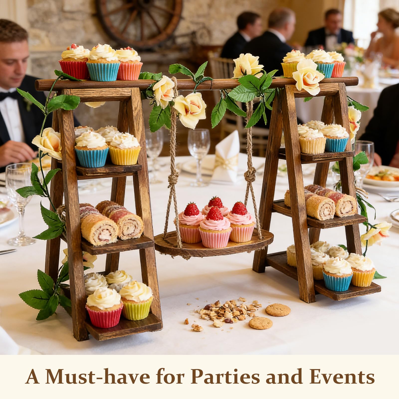 Holz Cupcake Ständer 3-stufig, 82cm Großer Akazienholz Kuchenständer, Faltbarer Dessert Präsentierständer mit Schrägen Etagen für Geburtstag, Nachmittagstee, Hochzeit, Party, Café (7 Bretter)