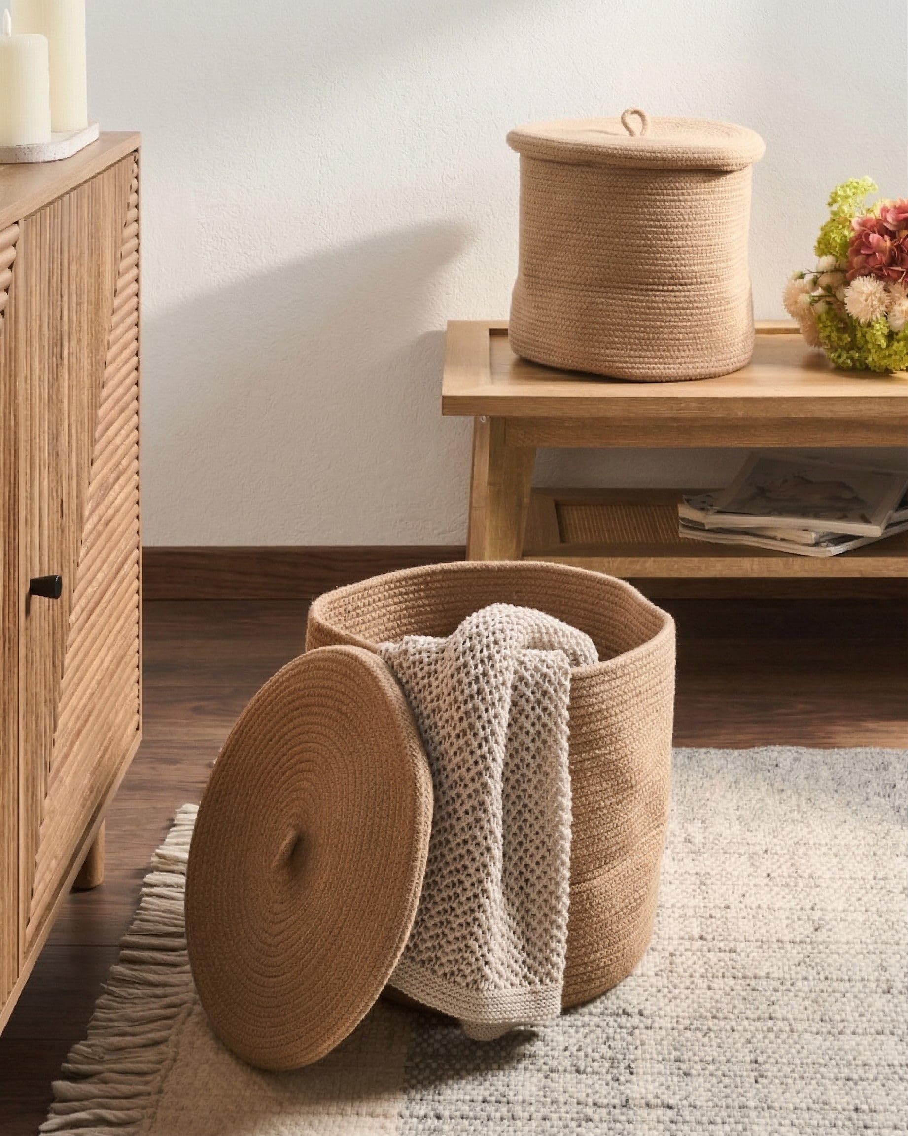 Korb 2er Set Baumwolle beige geflochten mit Deckel Boho-Design Silopi