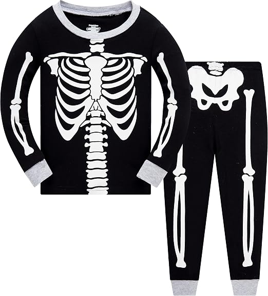Popshion Kids Skeleton Pajamas Glow in the Dark 100% Cotton Sleepwear Toddler Girls Boys Skull Halloween Pjs Sets 3t-10t
