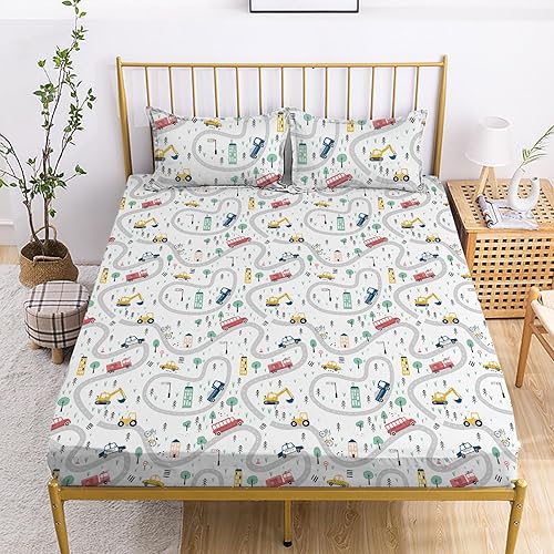 Miniatura 4 de Twin Kids Fitted Sheets Road Traffic Themed Sheet and Pillowcases Set Cute Cartoon Truck Bed Boys Twin Sheet Set 2 Piece Bedding Decor Set