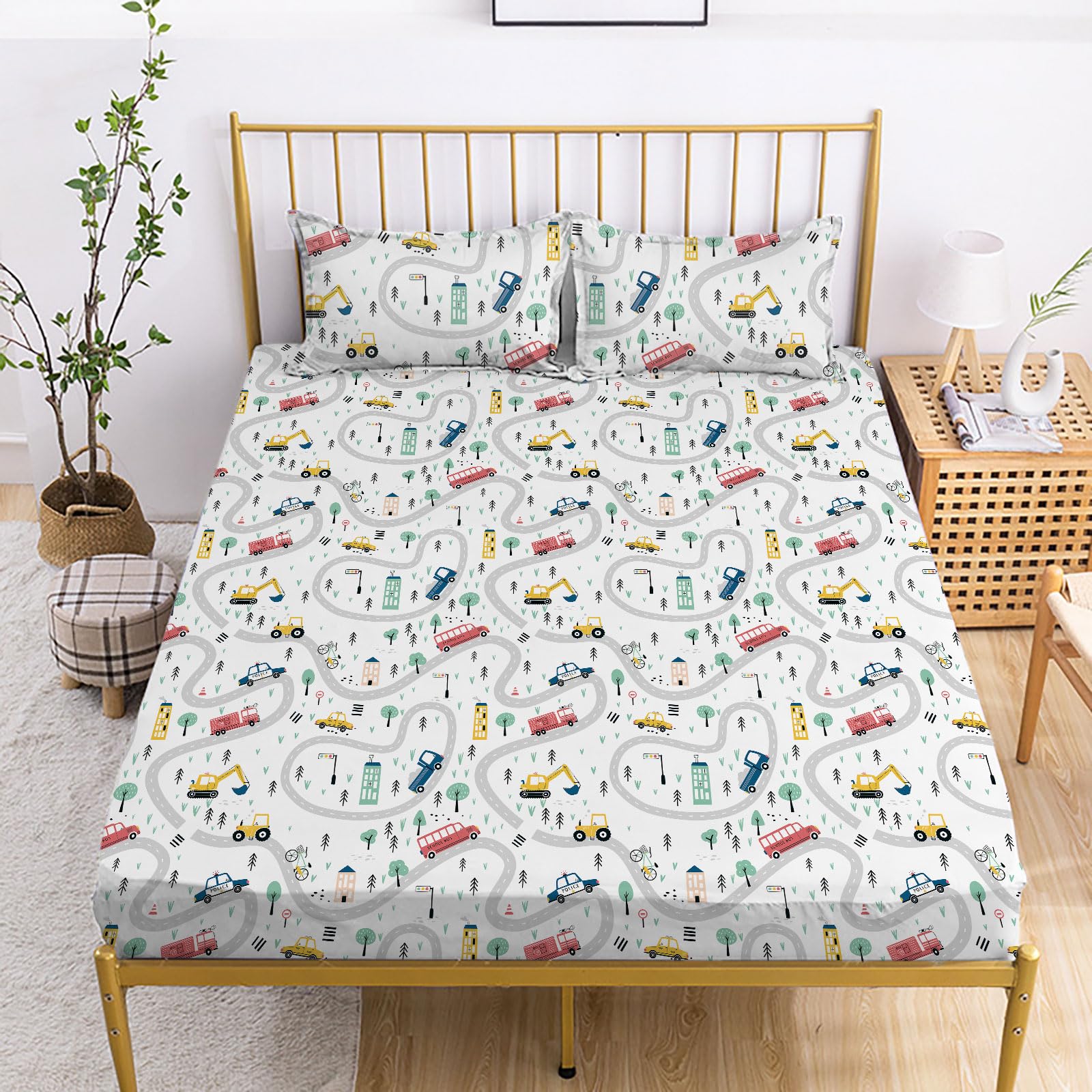 Yasida Car Sheet Sets for Kids Cute Cartoon Truck Bed Full Size Fitted Sheets Boys 3D Plants Print Bedding Set Soft Microfiber Bedroom Decor(3pc)