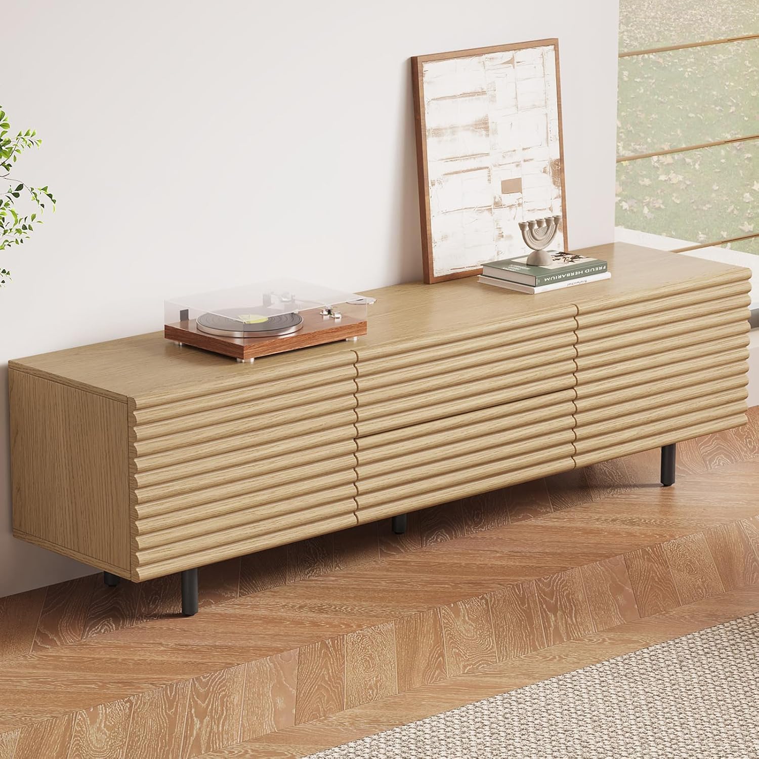 Guyii Modern TV Stand, Wood Color TV Cabinet, Television Stand with 2 Cabinets and 2 Storage Drawers, TV Console Cabinet for Living Room, Bedroom, Home (1 Piece)