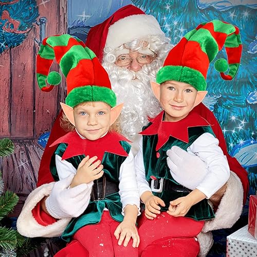 Miniatura 5 de Hillban 4 piezas de sombreros y orejas de elfo de Navidad, accesorios de gnomo de elfo para disfraz de fiesta de Navidad (estilo a rayas)