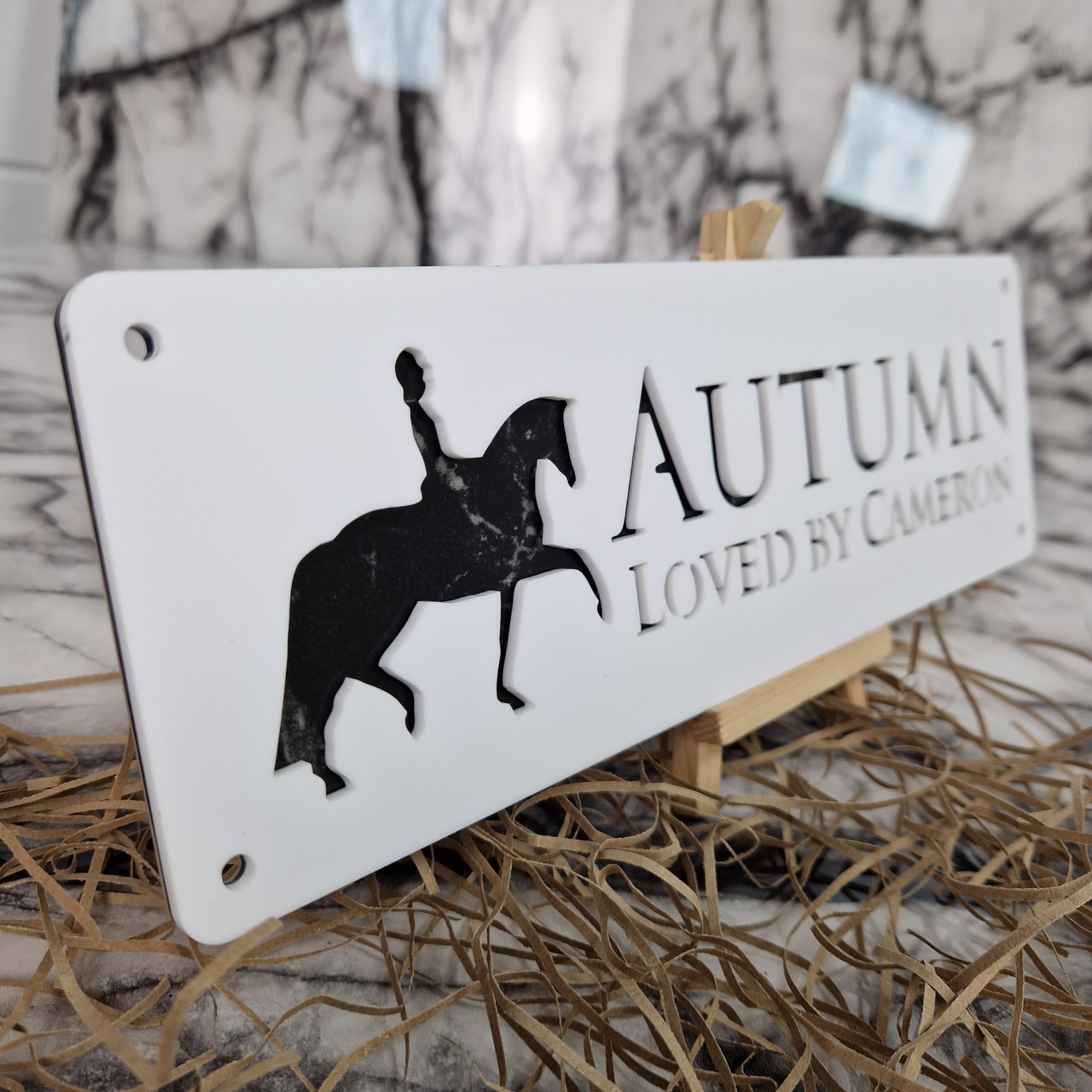 Black Marble and White Personalised Horse stable Pony laser cut name door plate sign (L3-Trotting Horse)