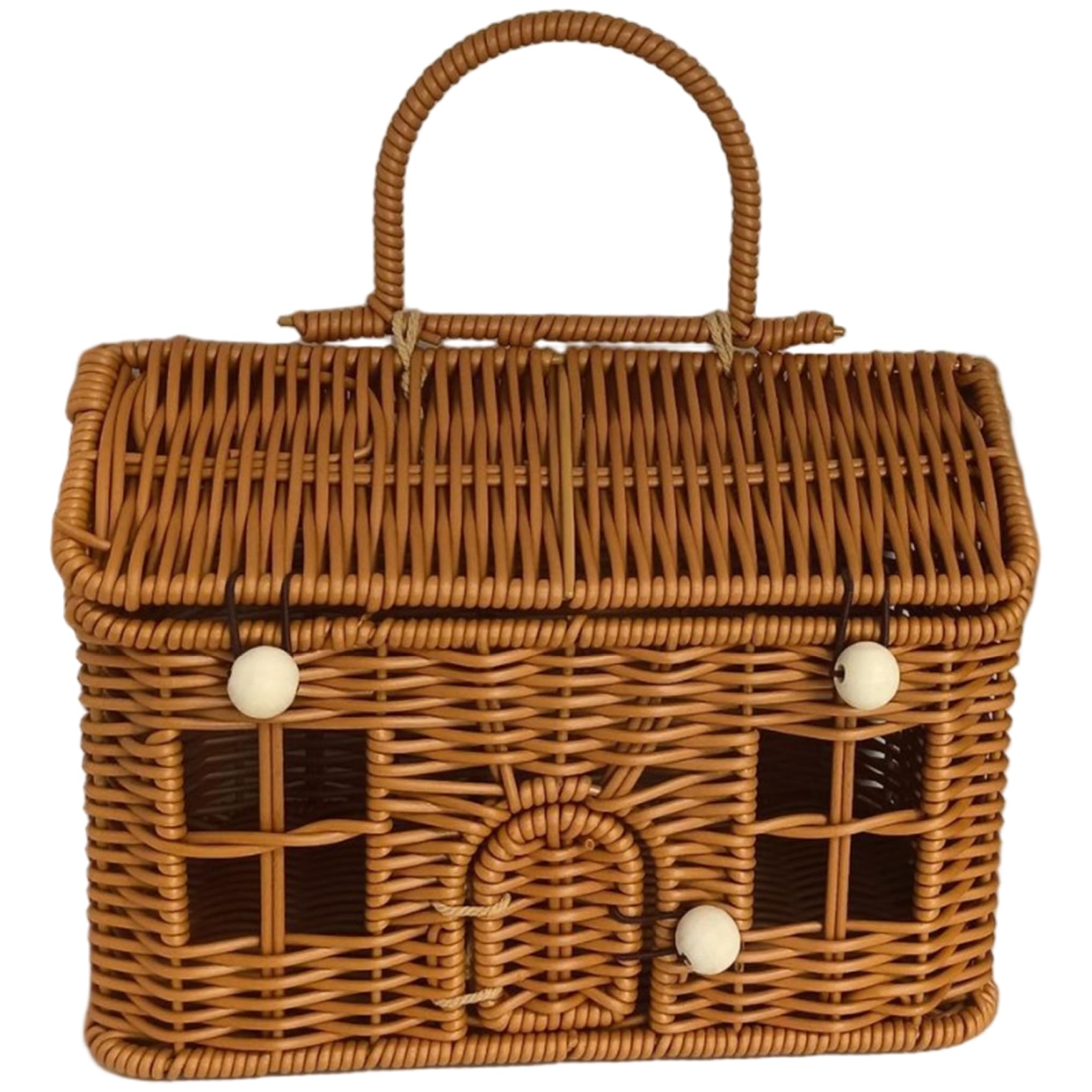 Garden Harvest Basket, 9x6x5.5 Inch House Shaped PP Rattan Picnic Basket with Lid & Handle, Button Closure Wicker Suitcase for Organizing, Storage Wicker Garden