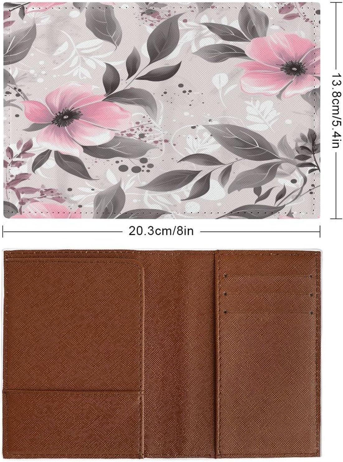 Pink Flowers And Leaves on Gray Passport Holder Fashion Passport Cover Passport Protector Travel Document Organizer ID Card Protector Exquisite Passport Wallet Cover Credit Card Holder