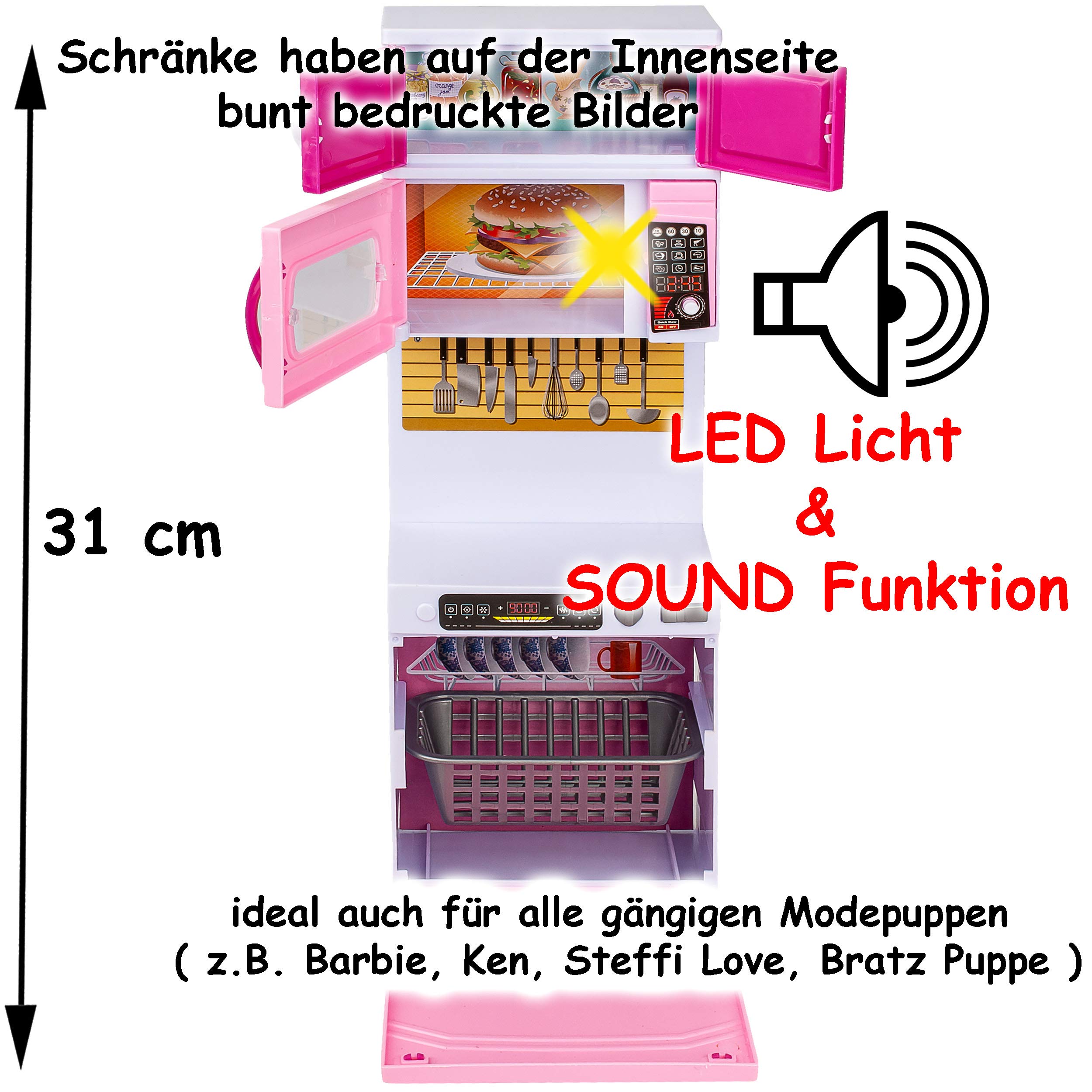 alles-meine.de GmbH Puppenhaus Möbel - Sound & Licht - 31 cm groß - Backofen + Herd + Geschirrspüler + Mikrowelle + Spüle - mit Zubehör - Miniatur Puppenstube Küche - passend für..