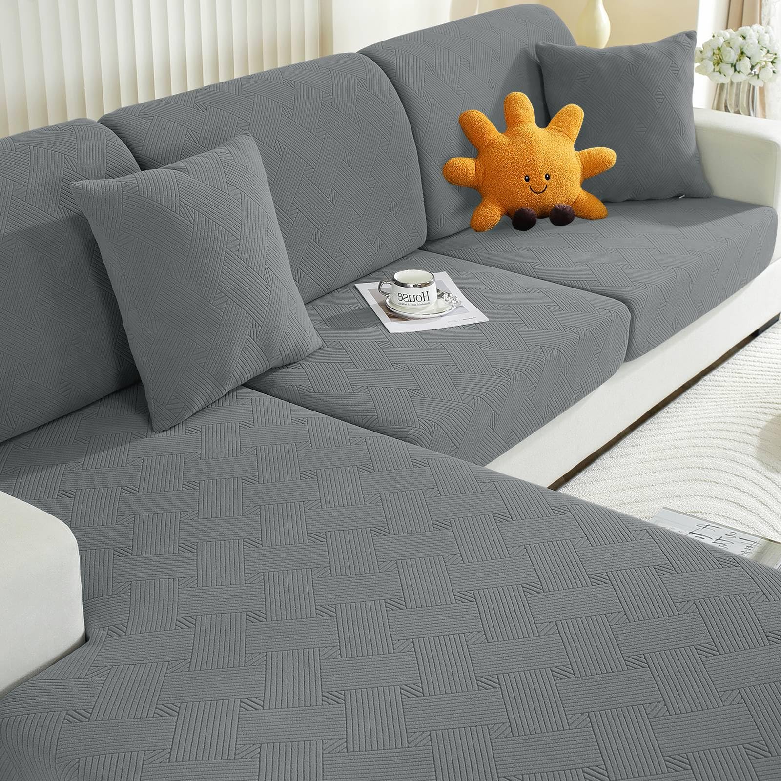 Ystyle Sofa Seat Cover, Adjustable Sofa Cushion Cover, Chaise Long, Universal Protector Sofa Cushions Separate Elastic (1 Seat x 2 + Chaise Longue, Light Grey) Global Recycled Standard Global Recycled Standard Global Recycled Standard