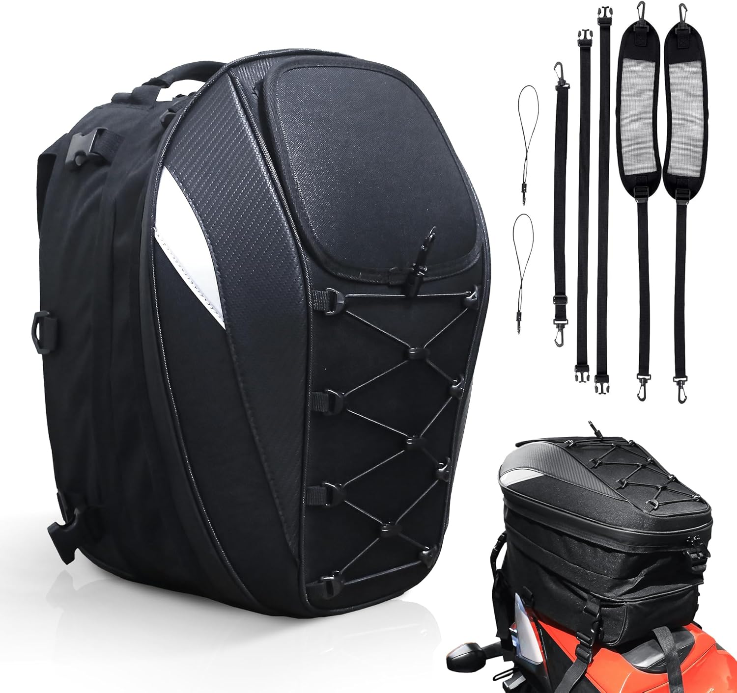 MZS Motorcycle Tail Bag, 38L Expandable Dual Use Helmet Bag Luggage Storage Backpack with Waterproof Rain Cover - Multifunctional Motorbike Rear Seat Bag Accessories