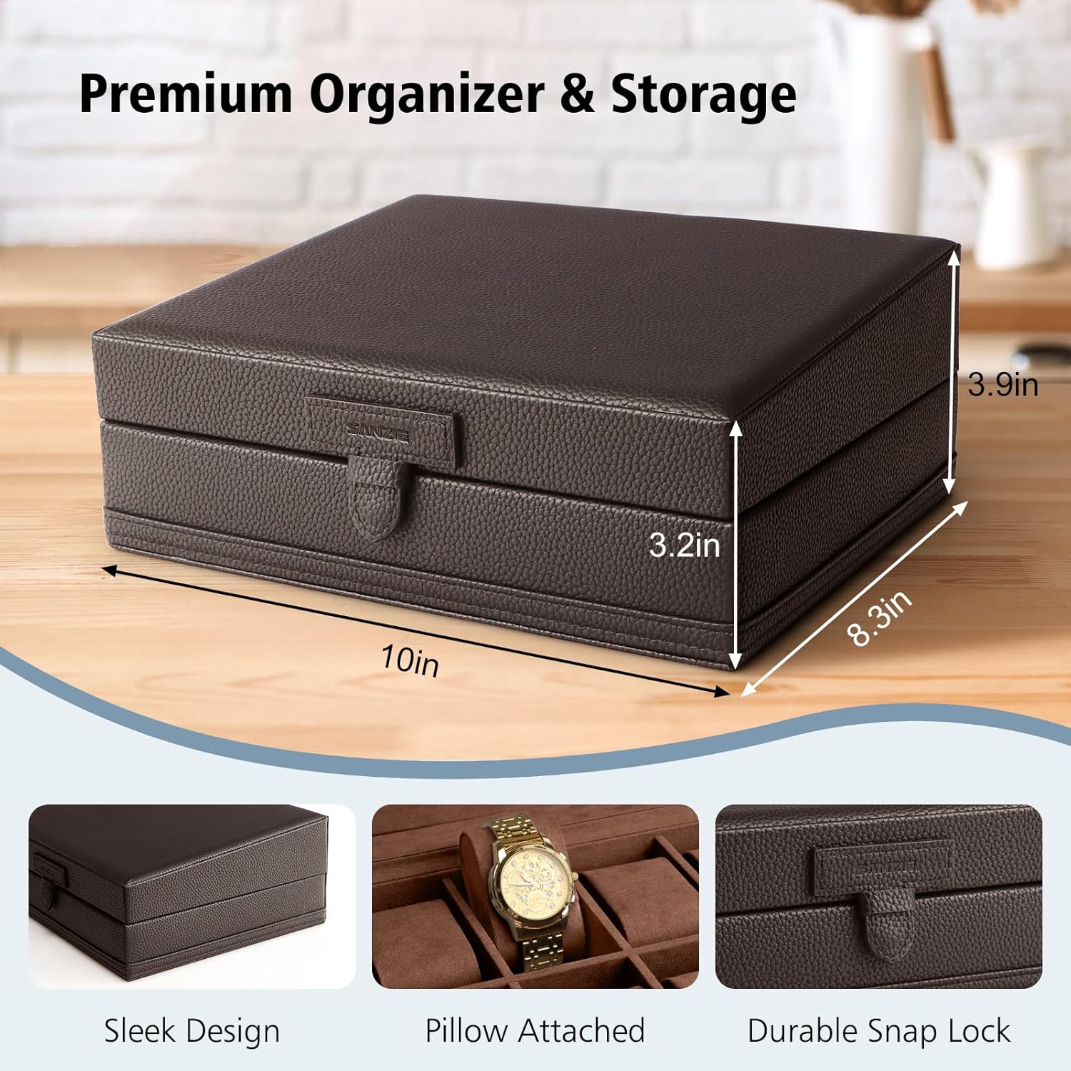 SANZIE 8-Slot Watch Box for Mens Watch Case with Removable Watch Pillows, Watch Holder Organizer Watch Storage with Brown Synthetic Leather (Brown)