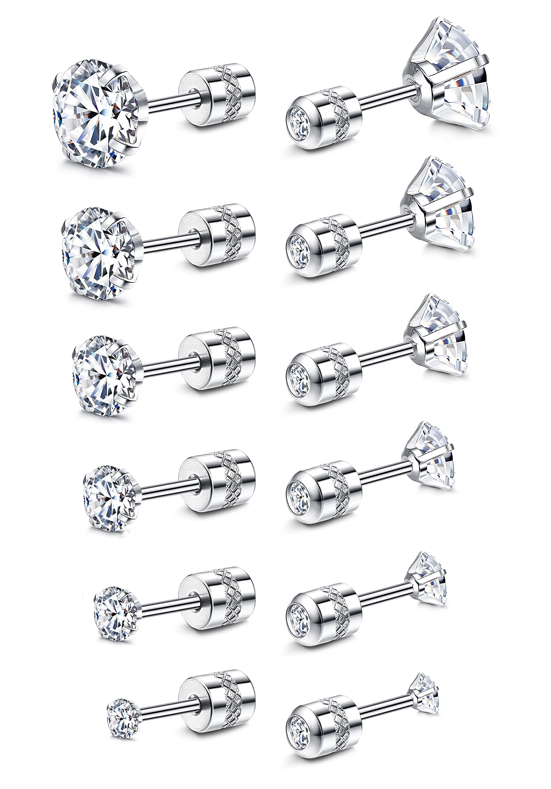 Fansilver 7-12Pairs 20G Hypoallergenic Brithstone Stud Earrings for Women Men Flatback Earrings Stainless Steel Cubic Zirconia Earrings Piercing Ear Cartilage