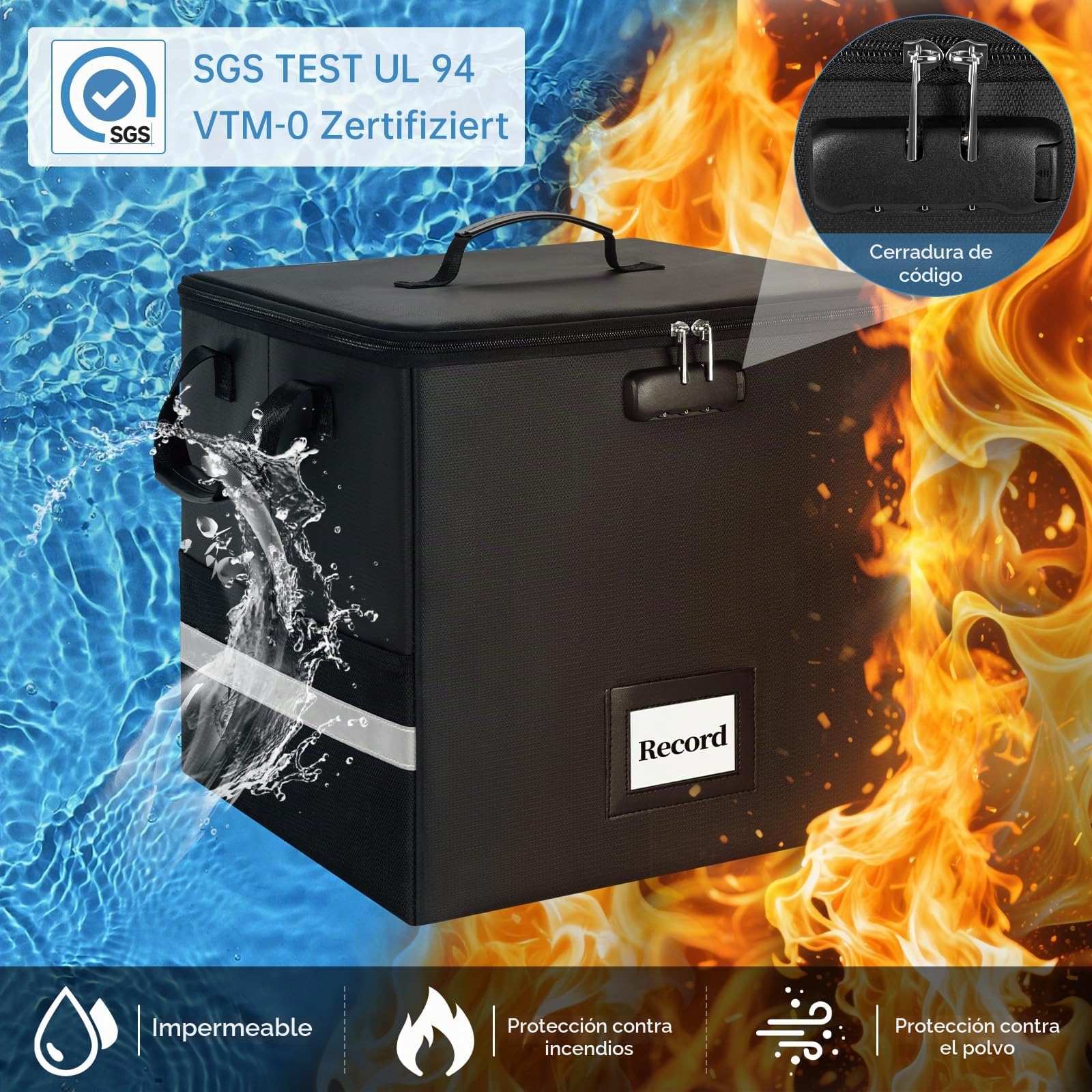 OUUTMEE Caja de almacenamiento ignífuga con cerradura para discos de vinilo, caja plegable resistente al agua para discos LP de 12", con capacidad para más de 50 discos individuales, grande.