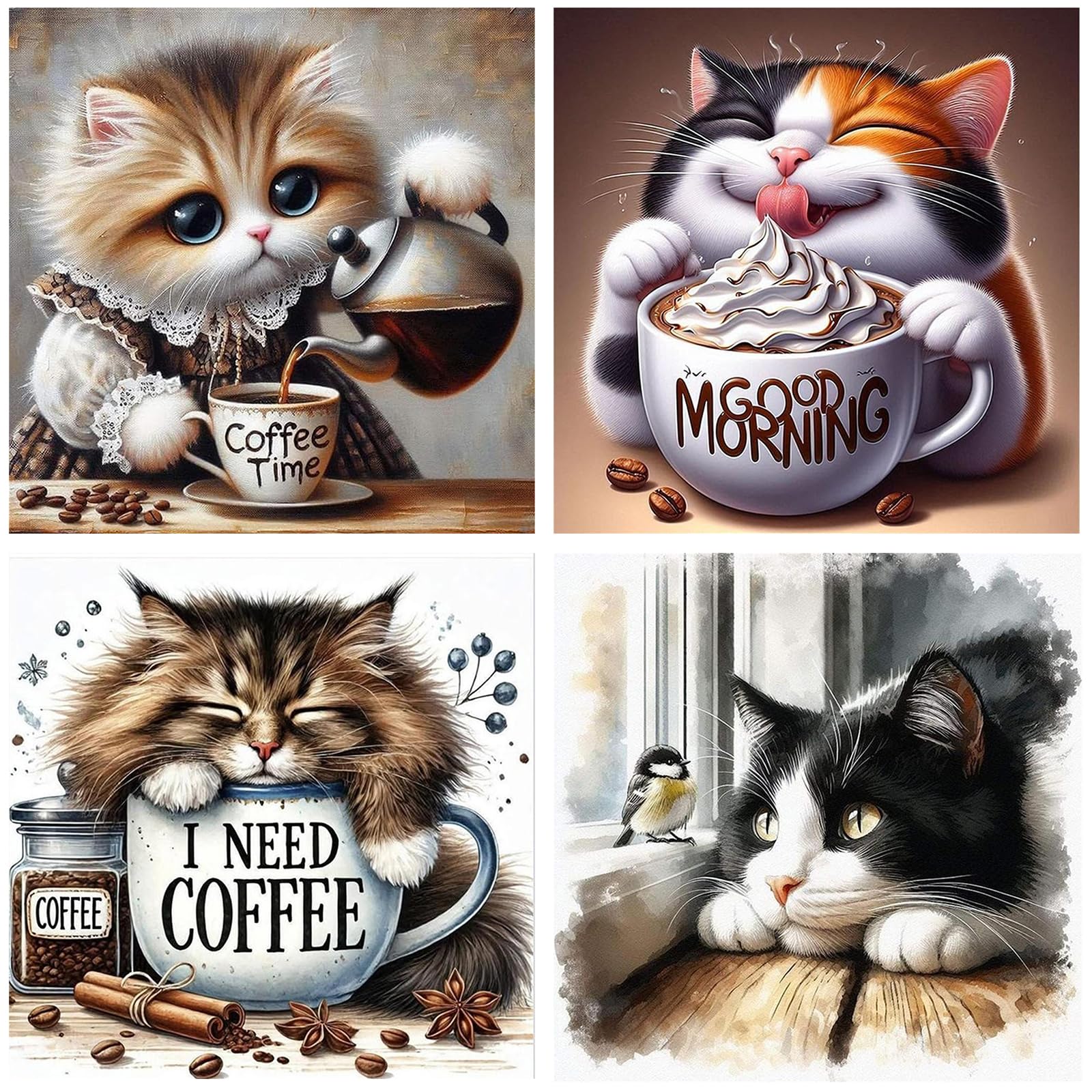 Poetrydraw Multicolor 4Pcs Cat Full Diy 5D Round Drill Diamond Art Painting Gem Art Home Decor 30X30cm (7)