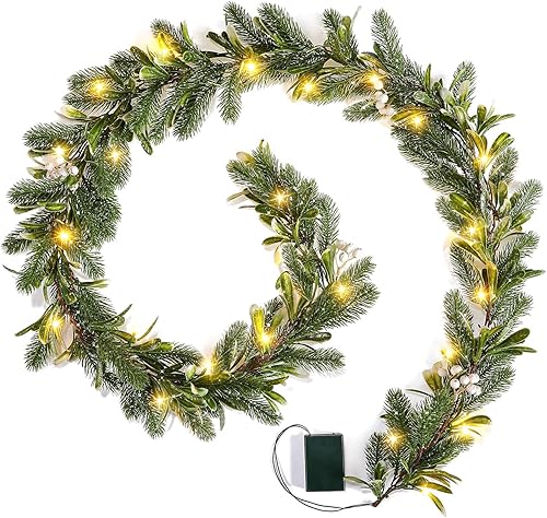 Miniatura 9 de Guirnalda de Navidad de 6 Pies de Pino con Luces de Ciprés y Eucalipto, Guirnalda Preiluminada de Navidad Operada por Batería con Temporizador para