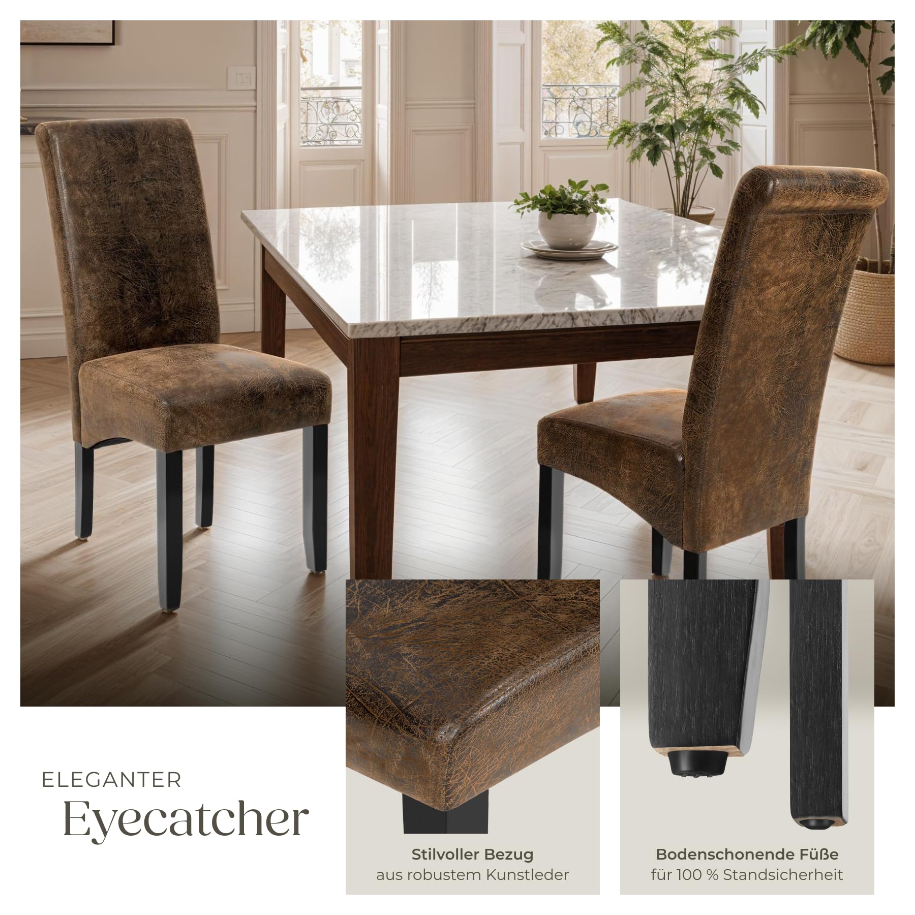 tectake® 6er Set Stühle, Kunstleder Stuhl mit hoher Rückenlehne, ergonomische Form, perfekt für den Esstisch, als Esszimmerstühle, Küchenstühle oder im Wohnzimmer - antikbraun
