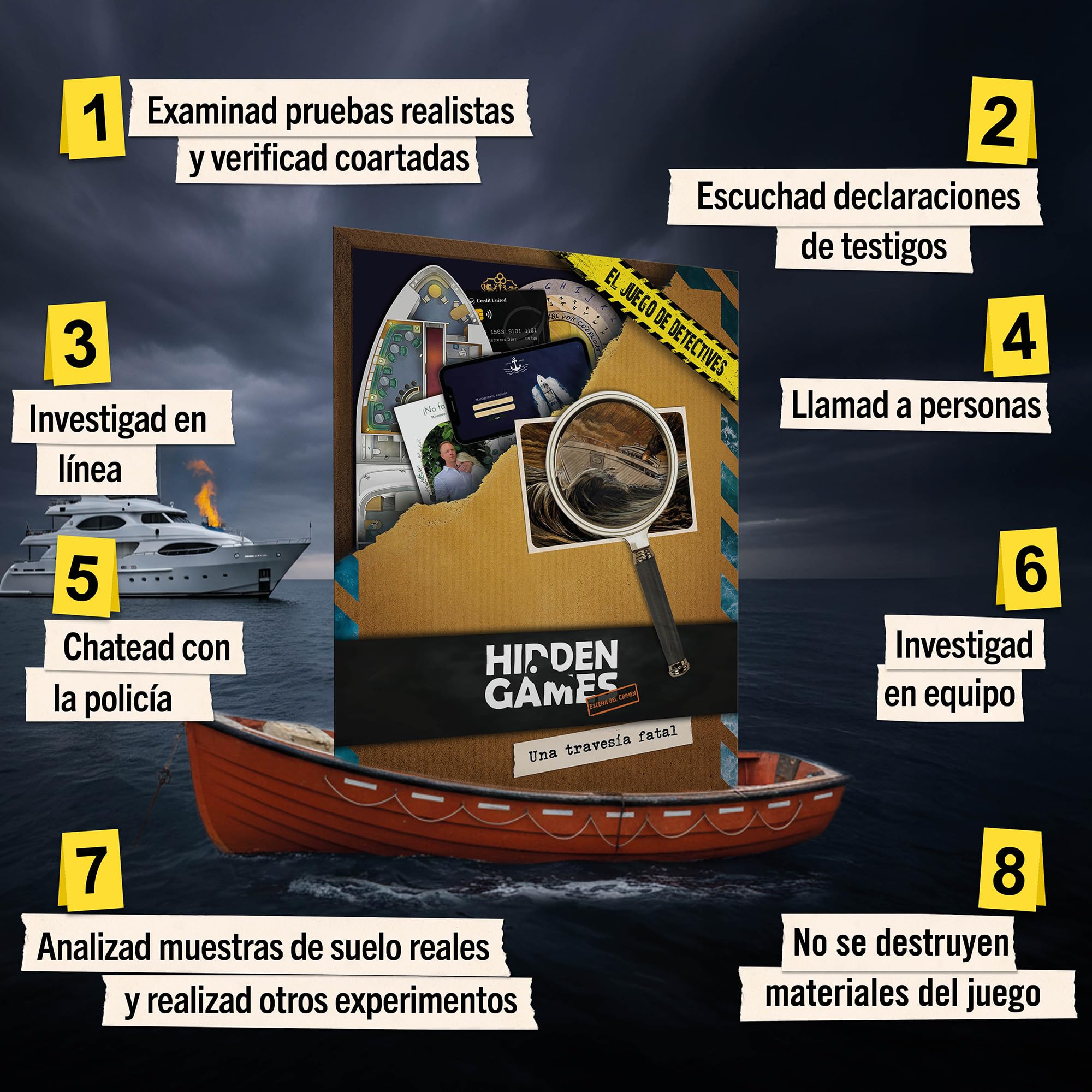 Hidden Games Escena del Crimen: Una Travesía Fatal, crimenes imperfectos, Exit Juego de Mesa de Misterio y Detectives cooperativo en el mar, 1-6 Jugadores, a Partir de 14 años, en español.