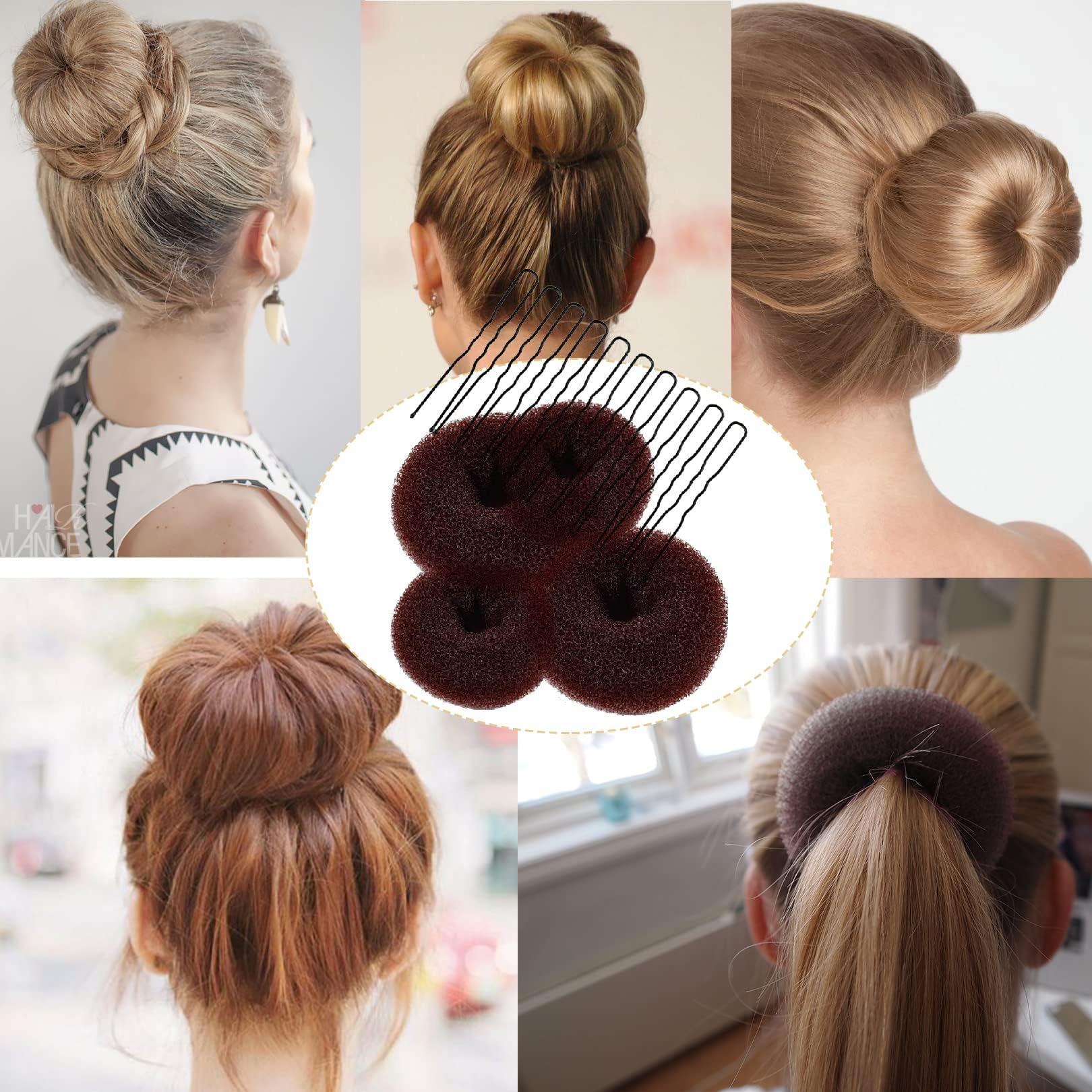 Set de moños en forma de donut, 4 piezas, herramienta para hacer moños con 10 pinzas en forma de U
