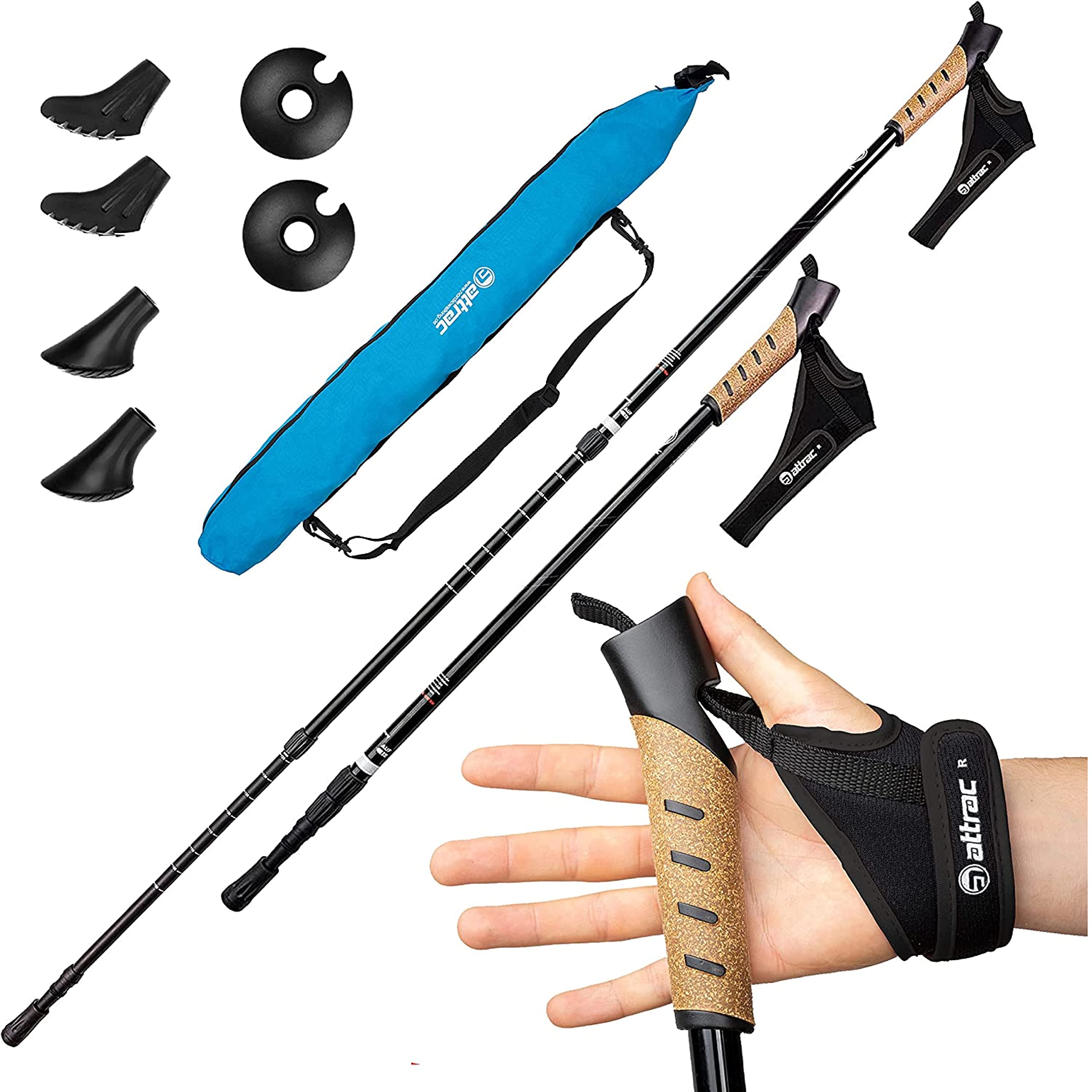 Bâtons De Marche Nordique ATTRAC Classic – Télescopiques 69-136 Cm, Anti-choc à Ressort, Poignée Liège, Avec Embouts Caoutchouc Et Neige – Noir/rouge
