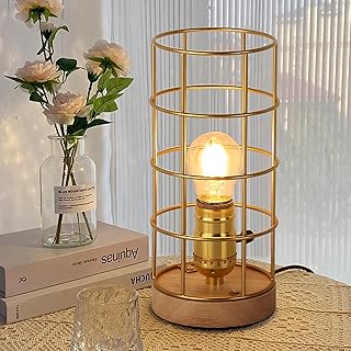 Industrial Gold Table Lamp with Metal Cage, Brass Farmhouse Rustic Desk Lamp with Plug in Cord Switch, E27 Vintage Table Lamp Base Bronze for Home Lighting Steampunk Bedroom, Living Room(No Bulb)