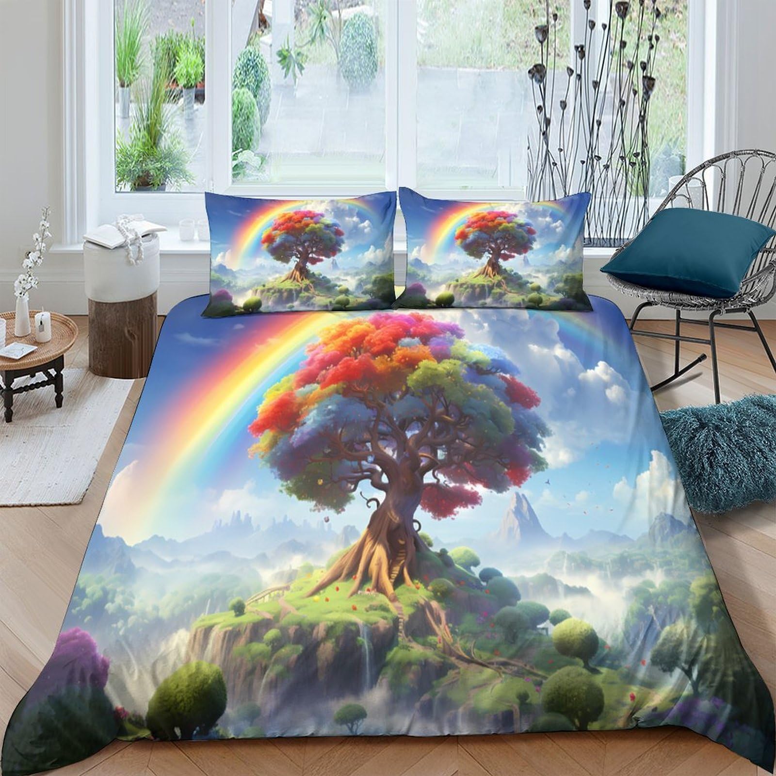 Ctjqhvkz Style-8 3D Printed Rainbow Tree Fitted Sheet Microfiber Soft Colorful Sky Mattress Cover For Bedroom Guest Room Decor Single（135X200cm）