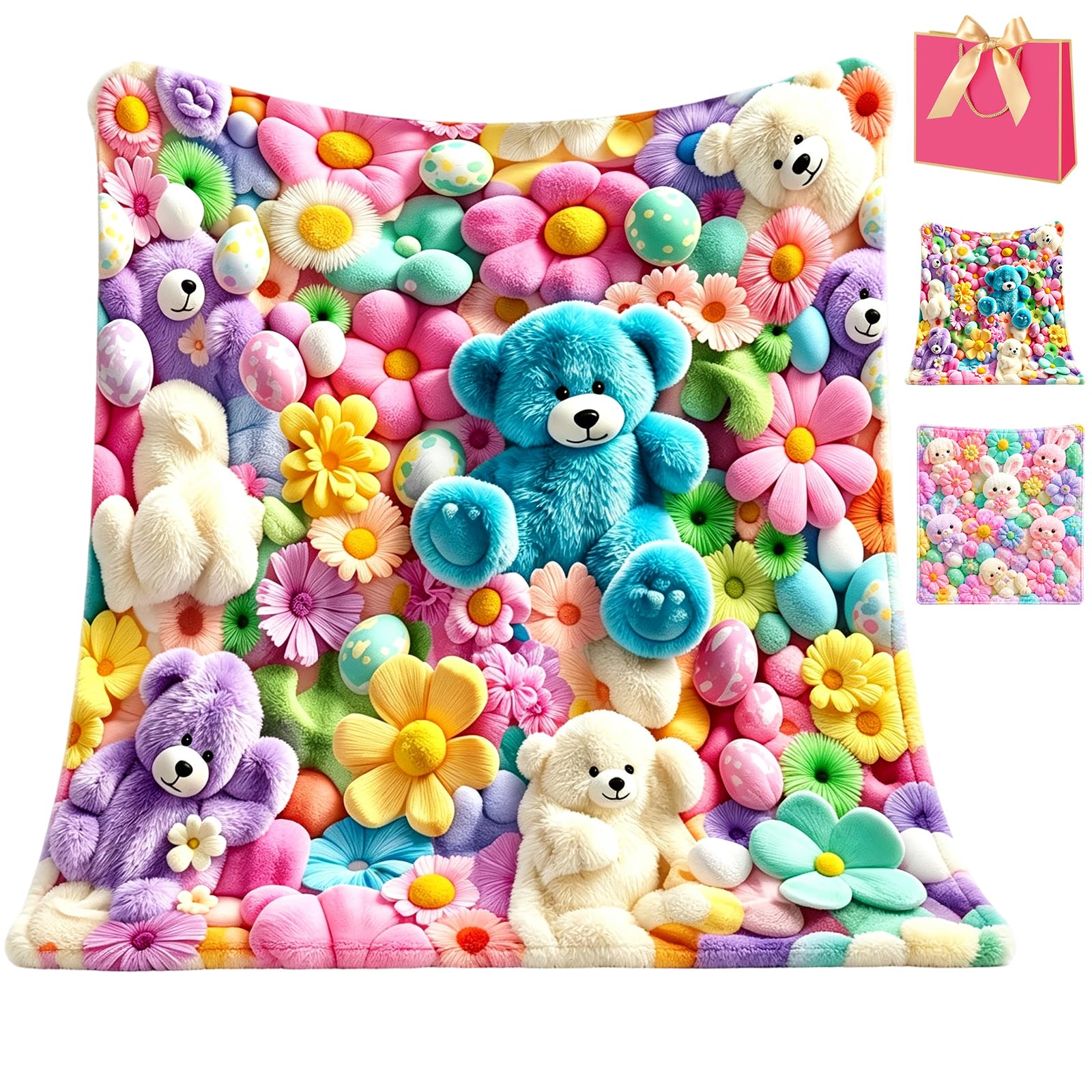 Teddy Pastel Floral Print Throw Blanket, Cute Teddy Bear Blanket (A,60*80)