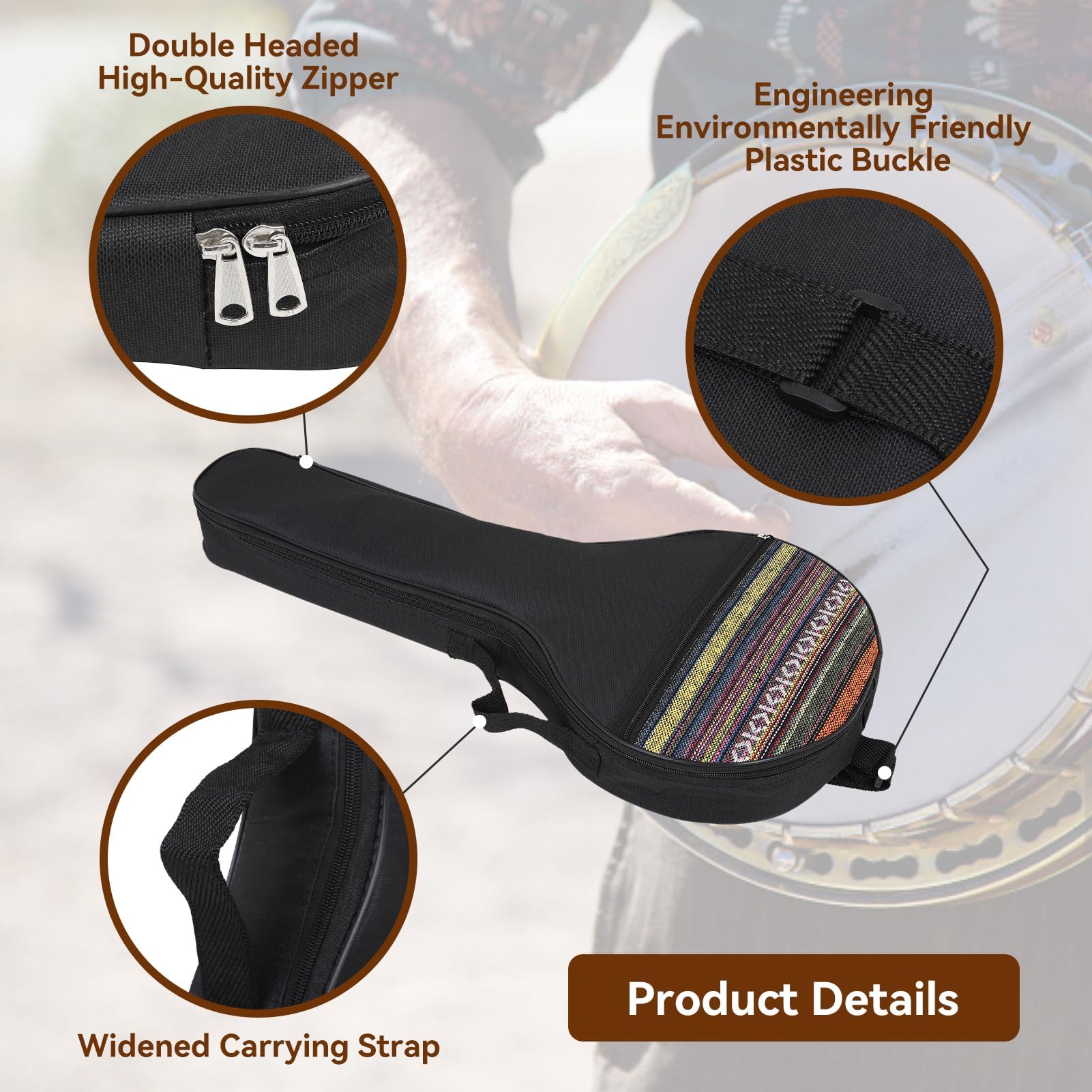 4 String Banjo Tasche, 63,5x26,5x7,5cm/25x10,4x3 Zoll Banjo Organizer Banjo Tasche 4-Saiten-Banjo-Tasche Gig Ethnischer Stil Banjotasche Baumwolle mit verstellbaren Riemen Instrumentenzubehör