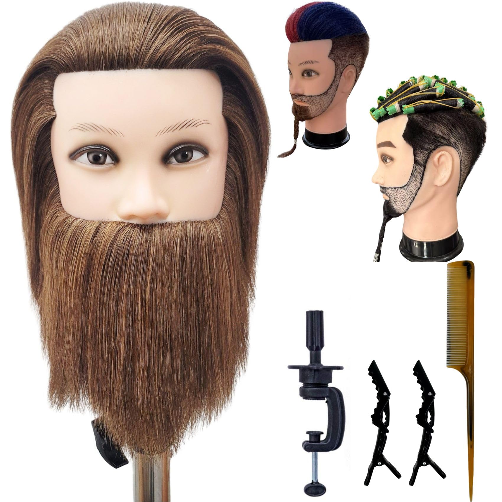 Barber Mannequin Head Male with Human Hair and Beard,Hair Cutting Styling Practice Training Manikin Head with Stand