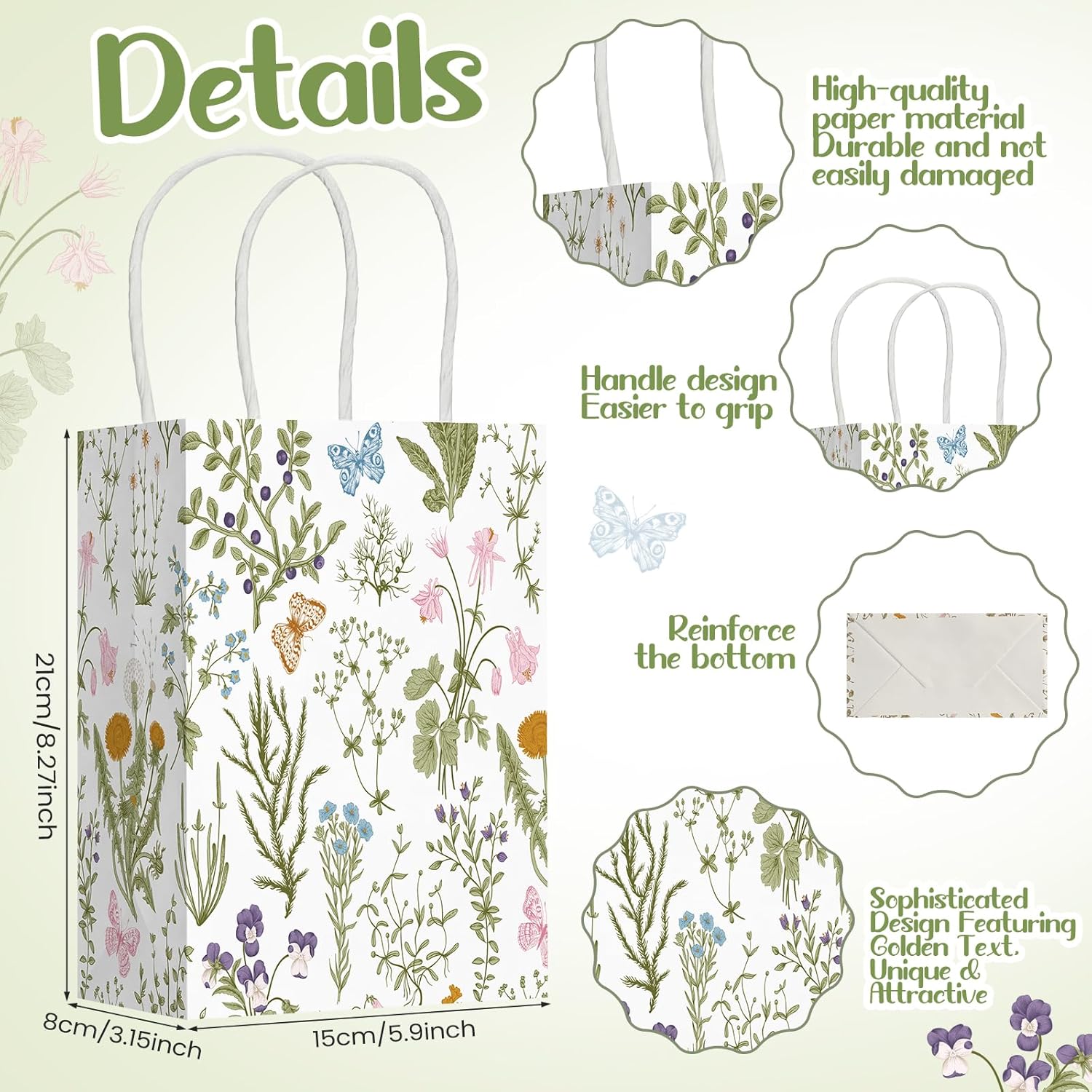 Cholemy 50 Pieces Wildflower Gift Bags Floral Butterfly Kraft Paper Tote Bags with Handles for Wedding Bridal Shower Bachelorette Birthday Baby Shower Party, 5.91 x 3.15 x 8.27 Inches - Image 2