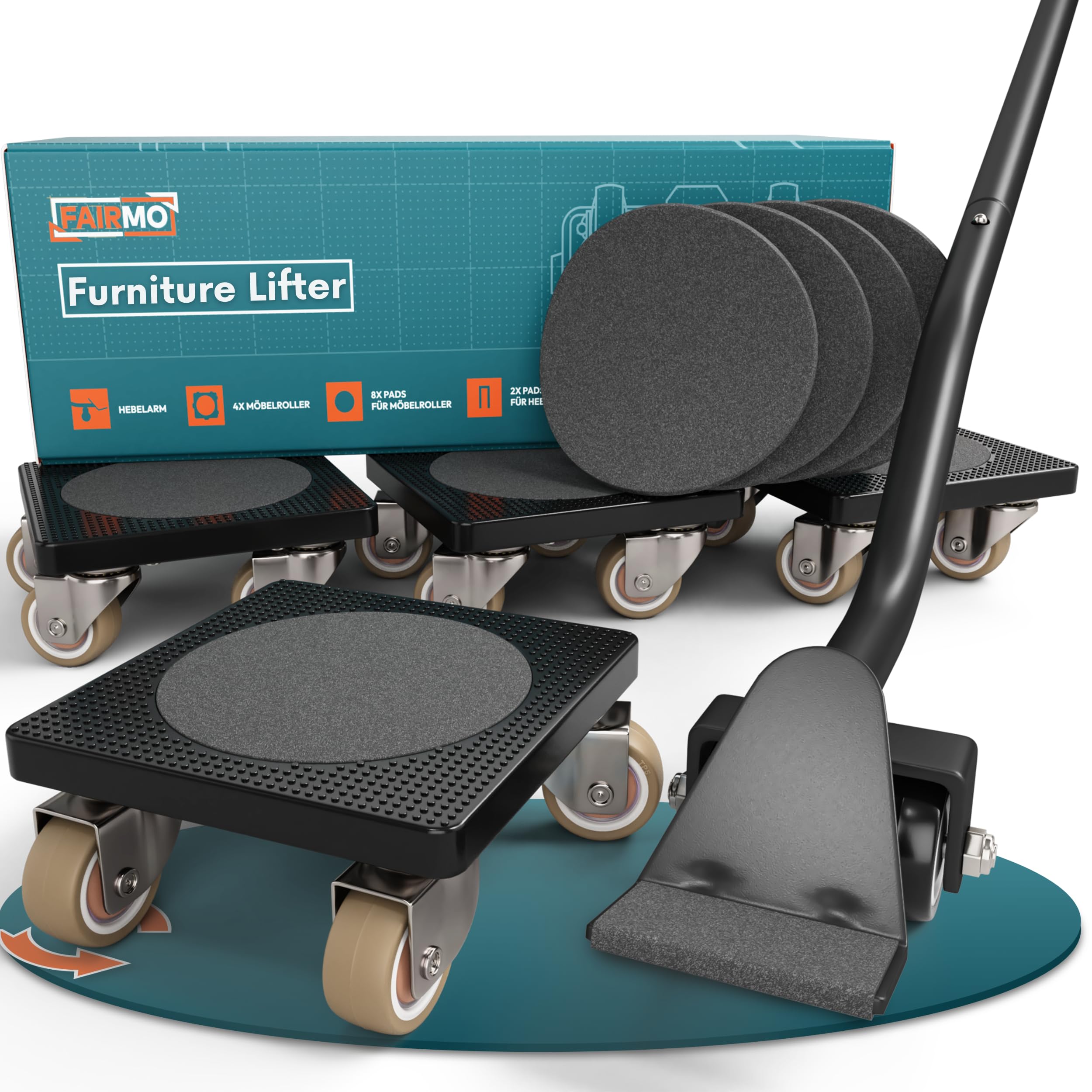 Furniture Lifter & Furniture Movers Set – Heavy Duty Furniture Moving Tool with 4 Furniture Moving Rollers & 1 Lifting Lever – Anti-Slip Pads & Smooth TPE Furniture Moving Wheels