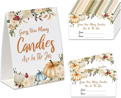Miniatura 1 de Juego de fiesta de dulces de Acción de Gracias, Guess How Many Candies Are In The Jar (1 letrero de pie de doble cara + 50 tarjetas de adivinación),