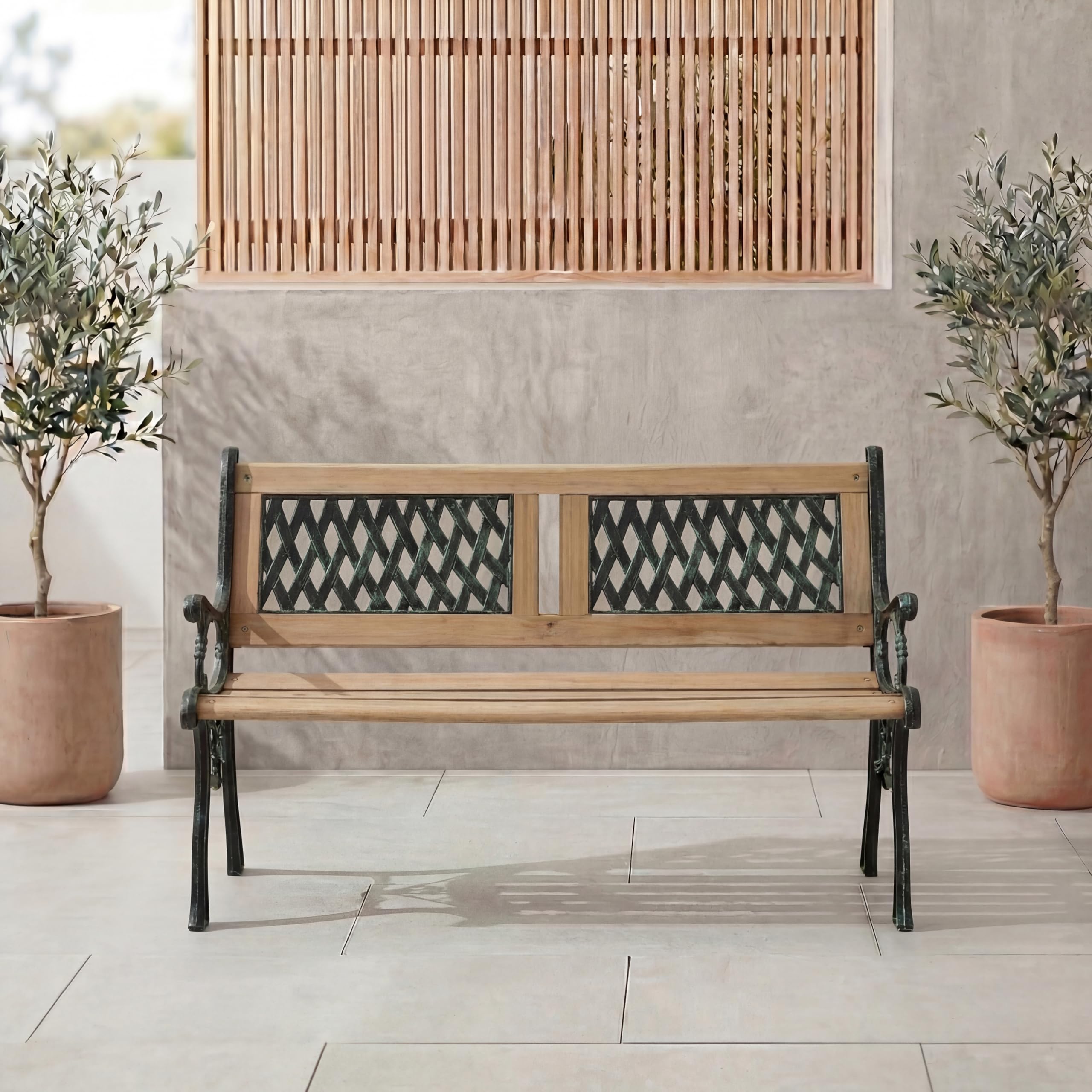 Garden Vida Banco de jardín, diseño de doble cruz, 3 plazas, muebles de exterior, asientos, listones de madera, patas de hierro fundido, asiento para parque y patio, color marrón