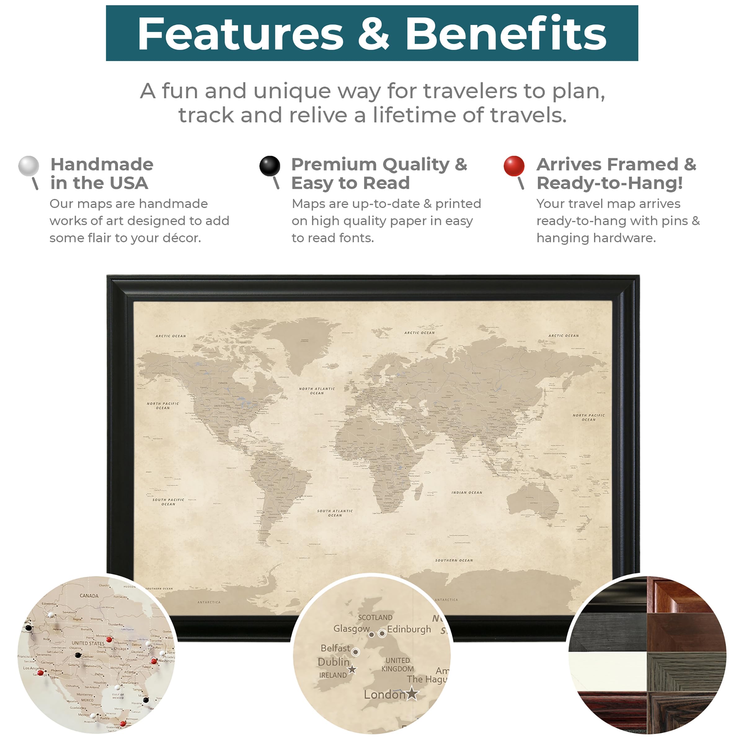 National Geographic Push Pin Travel Map - Classic World Print 27.5"x39.5" In Rustic Black Frame